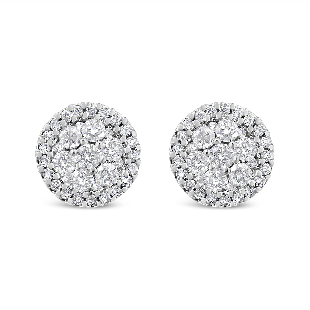 14K White Gold 1.0 Cttw Brilliant-Cut Diamond Halo-Style Cluster Round Button Stud Earrings (H-I Color, I1-I2 Clarity)-0