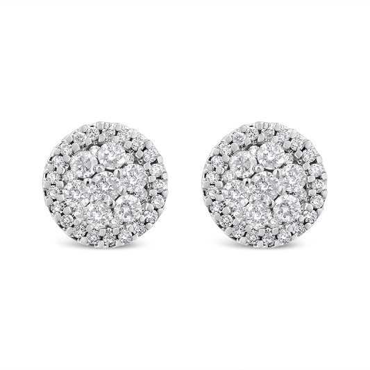 14K White Gold 1.0 Cttw Brilliant-Cut Diamond Halo-Style Cluster Round Button Stud Earrings (H-I Color, I1-I2 Clarity)-0