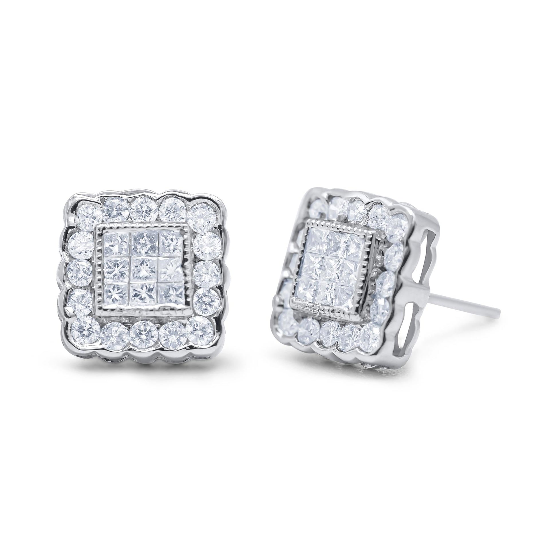 14K White Gold 1.0 Cttw Round Brilliant & Princess Cut Diamond Scallop-Edge Framed Square Halo Stud Earrings (G-H Color, SI1-SI2 Clarity)-0