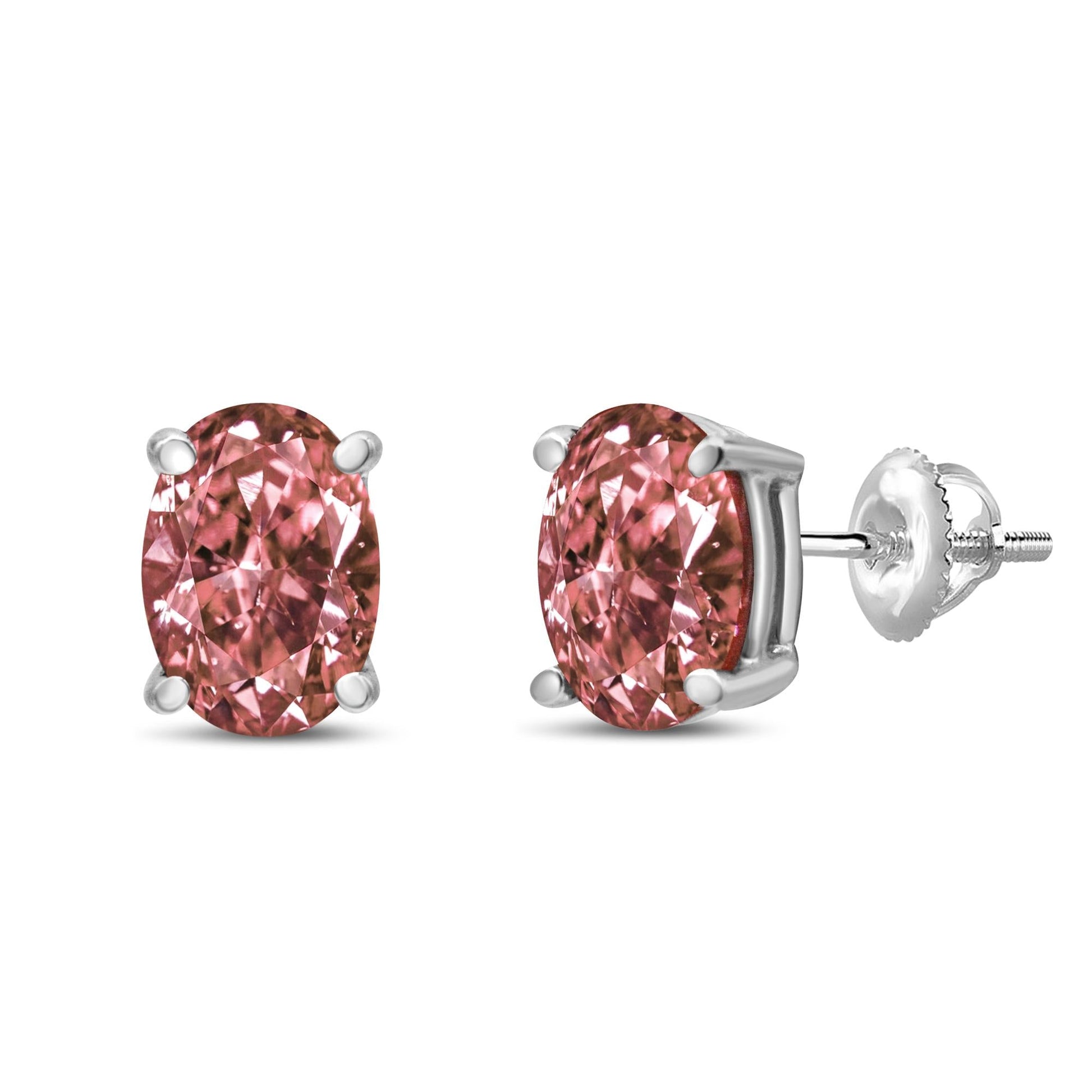 14K White Gold Lab Grown Pink Oval 4 Prong Set Classic Diamond Solitaire Stud Earrings (Pink Color, VS2-SI1 Clarity)-0