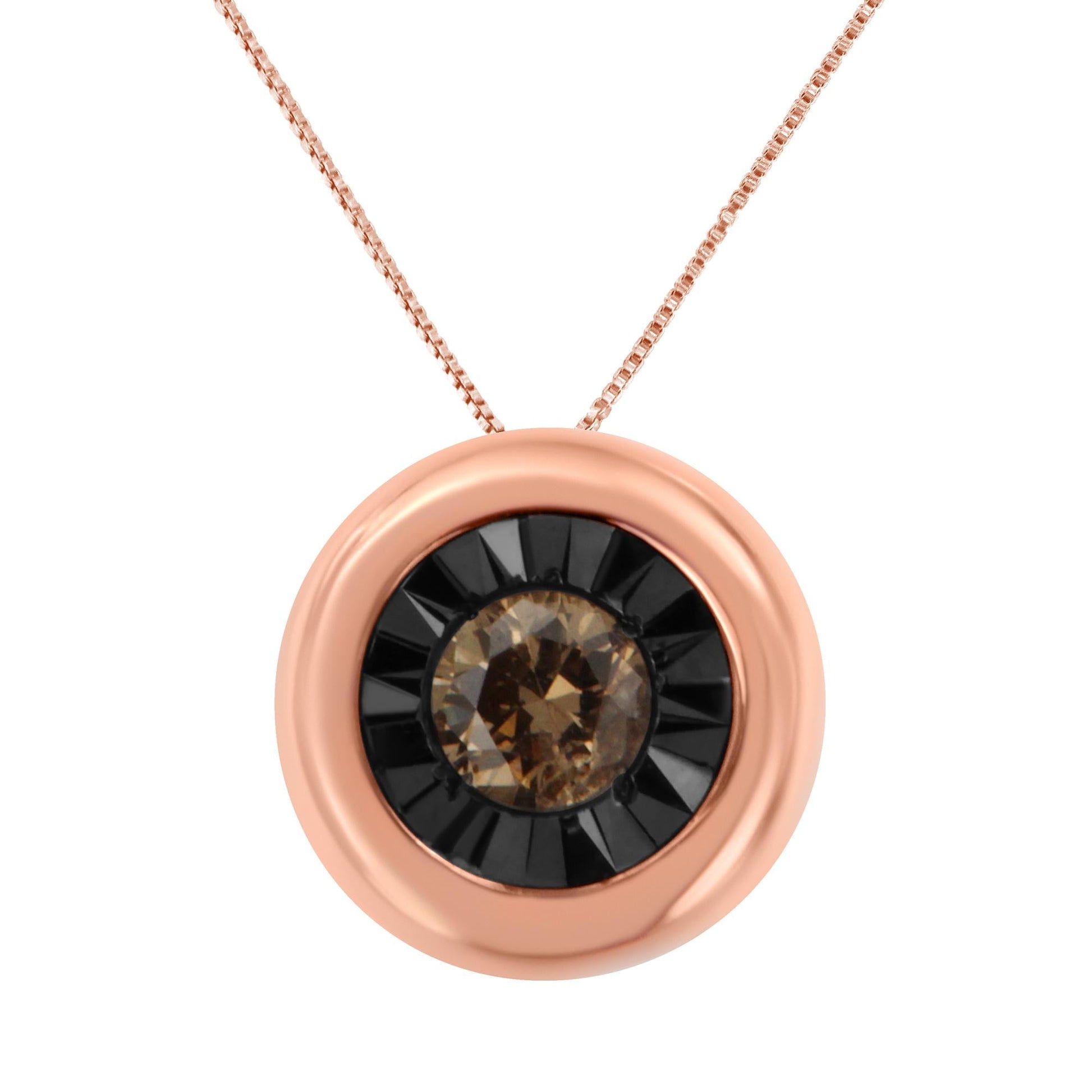 Black Rhodium over 10K Rose Gold 1/10 Carat Diamond Two Tone Round Miracle-Plate Solitaire 18” Pendant Necklace (Champagne Color, I2-I3 Clarity)-0