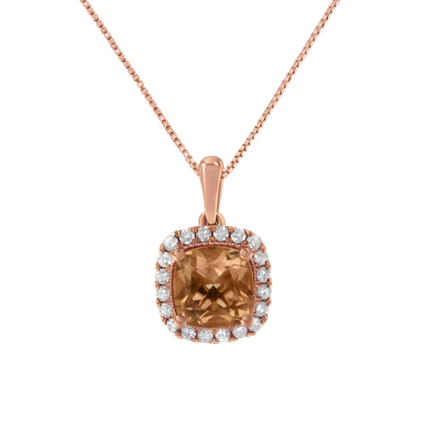 10K Rose Gold 1/4ct Diamond and 8MM Peach Morganite Gemstone Square Pendant (H-I, I1-I2)-0