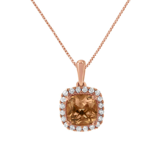 10K Rose Gold 1/4ct Diamond and 8MM Peach Morganite Gemstone Square Pendant (H-I, I1-I2)-0