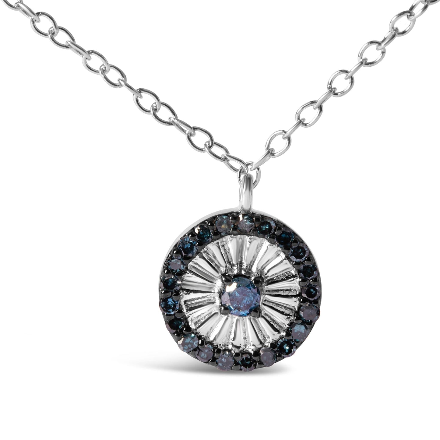 .925 Sterling Silver 1/6 Cttw Blue Diamond Wheel and Spoke Pendant Necklace (Blue Color, I2-I3 Clarity) - 18"-0