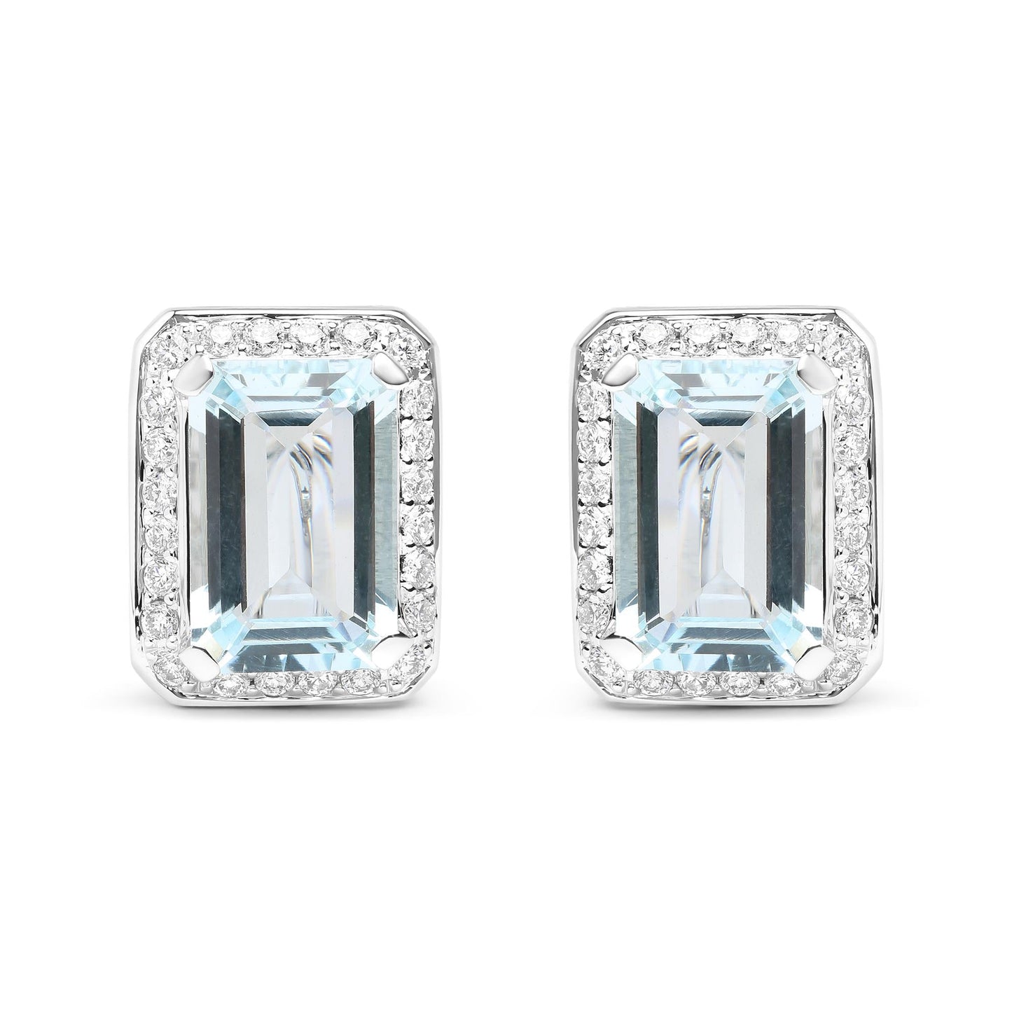 18K White Gold 3/4 Cttw Round Diamond and 13x9mm Emerald Cut Blue Aquamarine Gemstone Halo Omega Stud Earrings (G-H Color, SI1-SI2 Clarity)-0