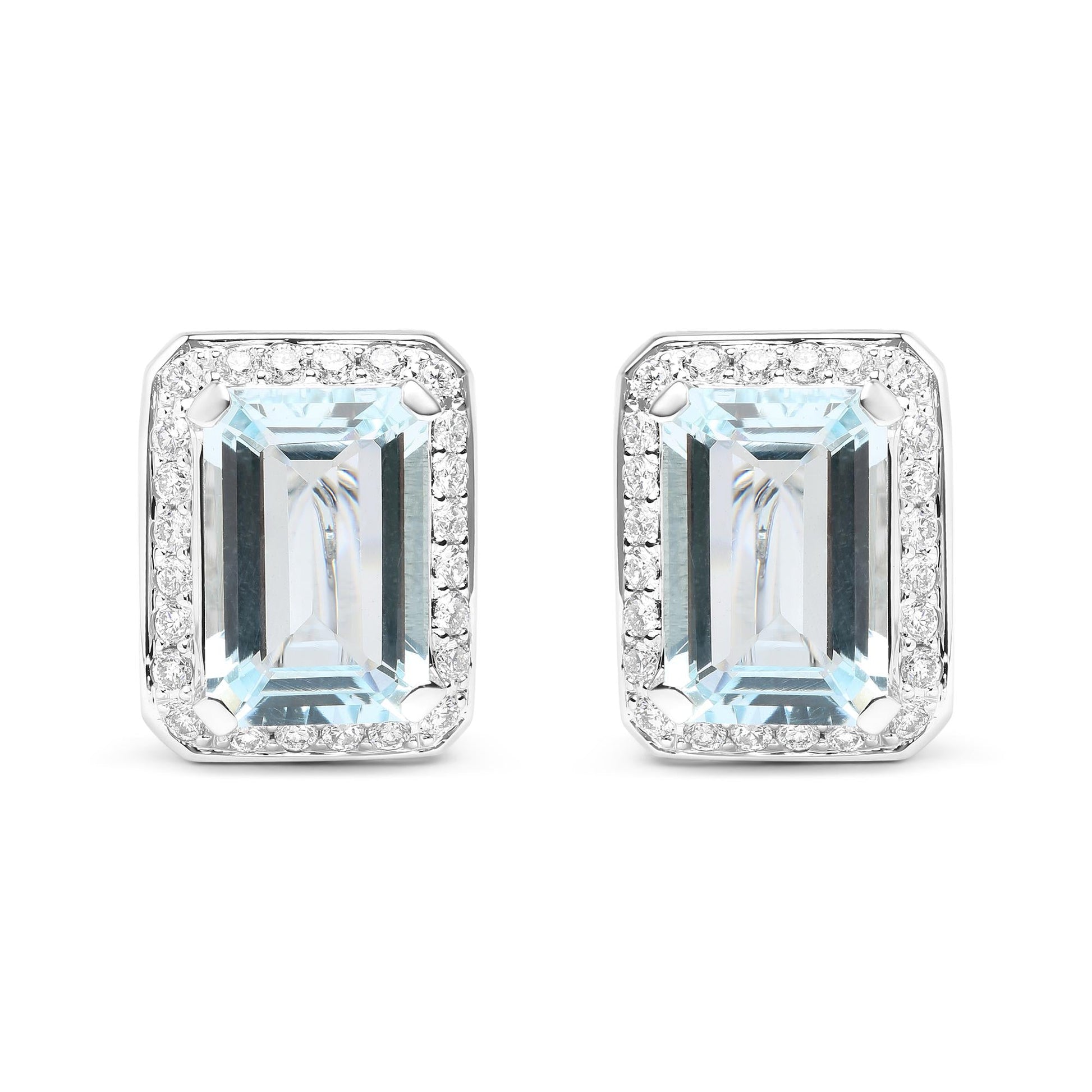 18K White Gold 3/4 Cttw Round Diamond and 13x9mm Emerald Cut Blue Aquamarine Gemstone Halo Omega Stud Earrings (G-H Color, SI1-SI2 Clarity)-0