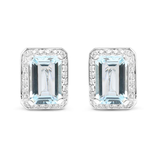 18K White Gold 3/4 Cttw Round Diamond and 13x9mm Emerald Cut Blue Aquamarine Gemstone Halo Omega Stud Earrings (G-H Color, SI1-SI2 Clarity)-0