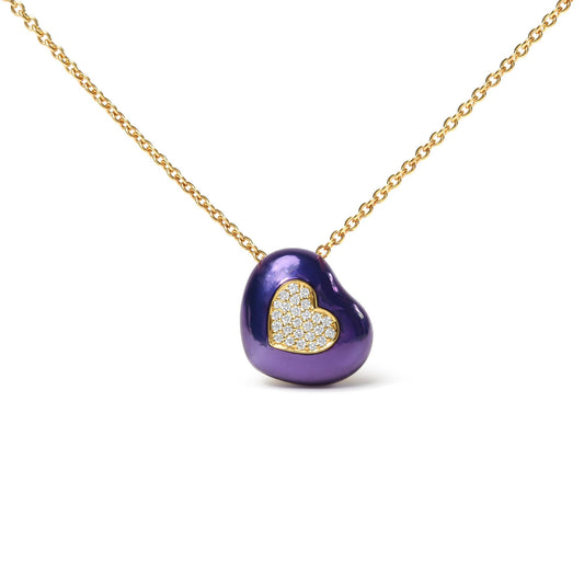 18K Yellow Gold Blue Enamel 1/10 Cttw Round Pave Diamonds Heart Shape 18" Pendant Necklace  (G-H Color, SI1-SI2 Clarity) - Adjustable up to 16" - 18"-0