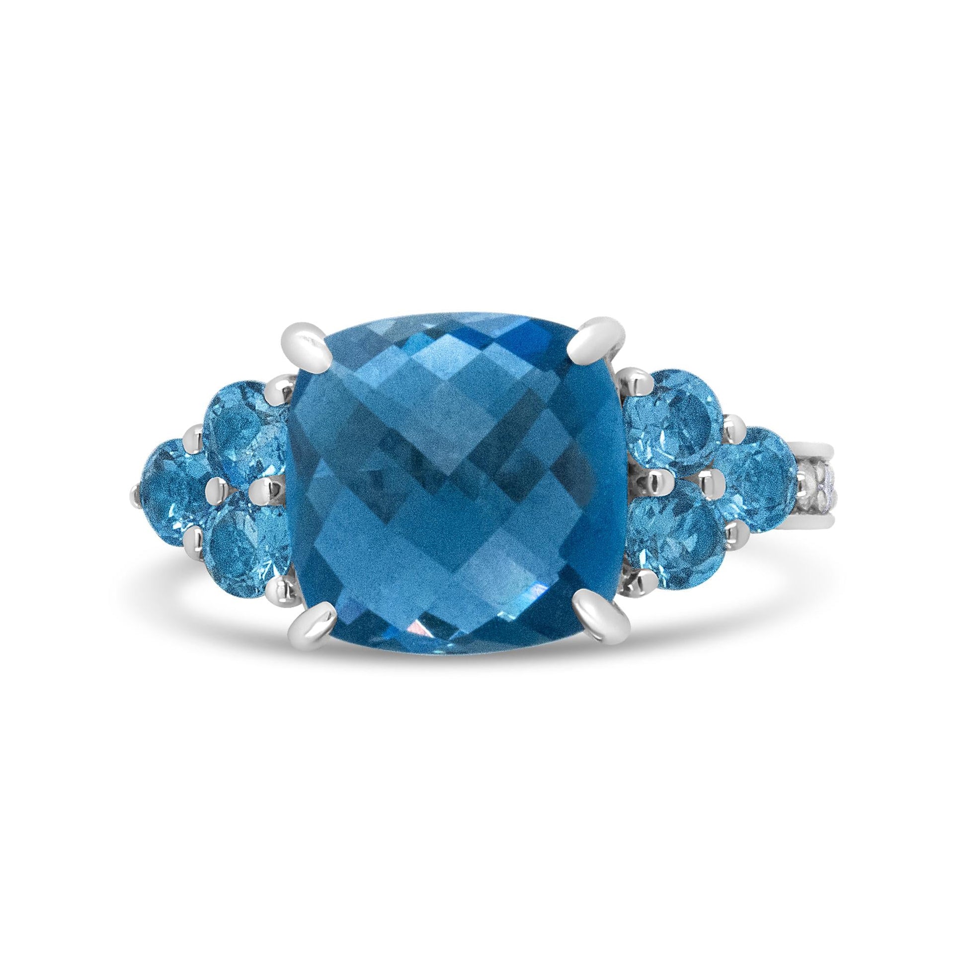 18K White Gold 10mm Cushion Shaped Blue Topaz and 1/6 Cttw Diamond 3 Stone Style Ring (F-G Color, VS1-VS2 Clarity)-0