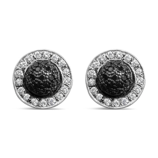 18K White Gold 3/4 Cttw Black and White Diamond Pave Set Dome and Halo Stud Earrings (F-G Color, VS1-VS2 Clarity)-0