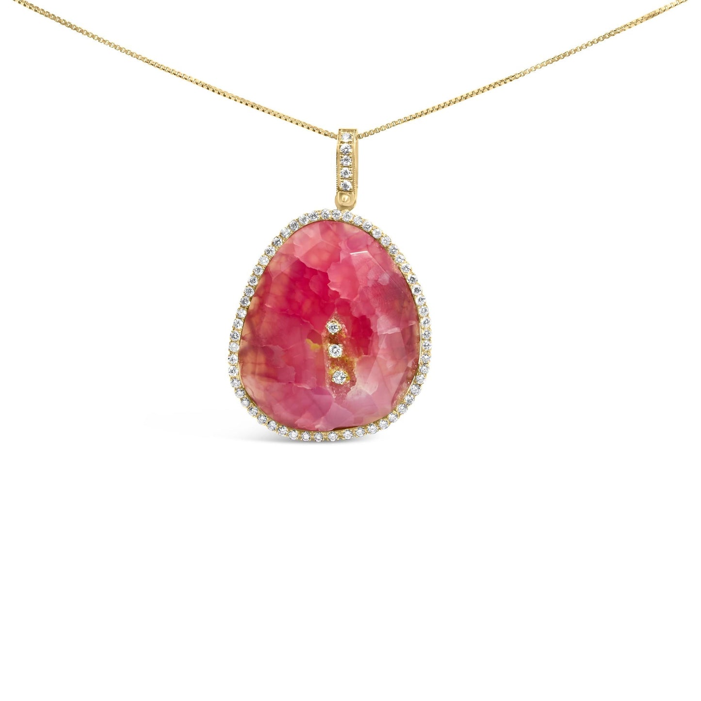 18K Yellow Gold 42.0 Cttw Pink Quartz Crystal Geode and 1.0 Cttw Diamond Halo 18" Pendant Necklace (F-G Color, VS1-VS2 Clarity)-0