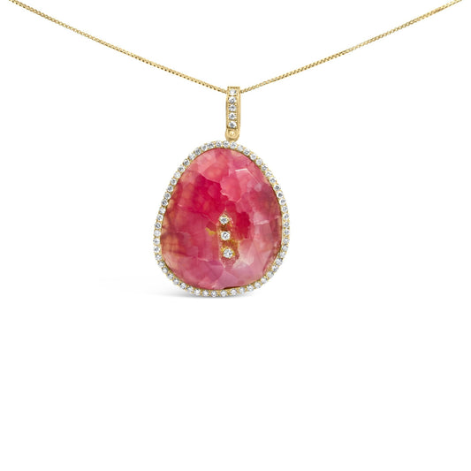 18K Yellow Gold 42.0 Cttw Pink Quartz Crystal Geode and 1.0 Cttw Diamond Halo 18" Pendant Necklace (F-G Color, VS1-VS2 Clarity)-0