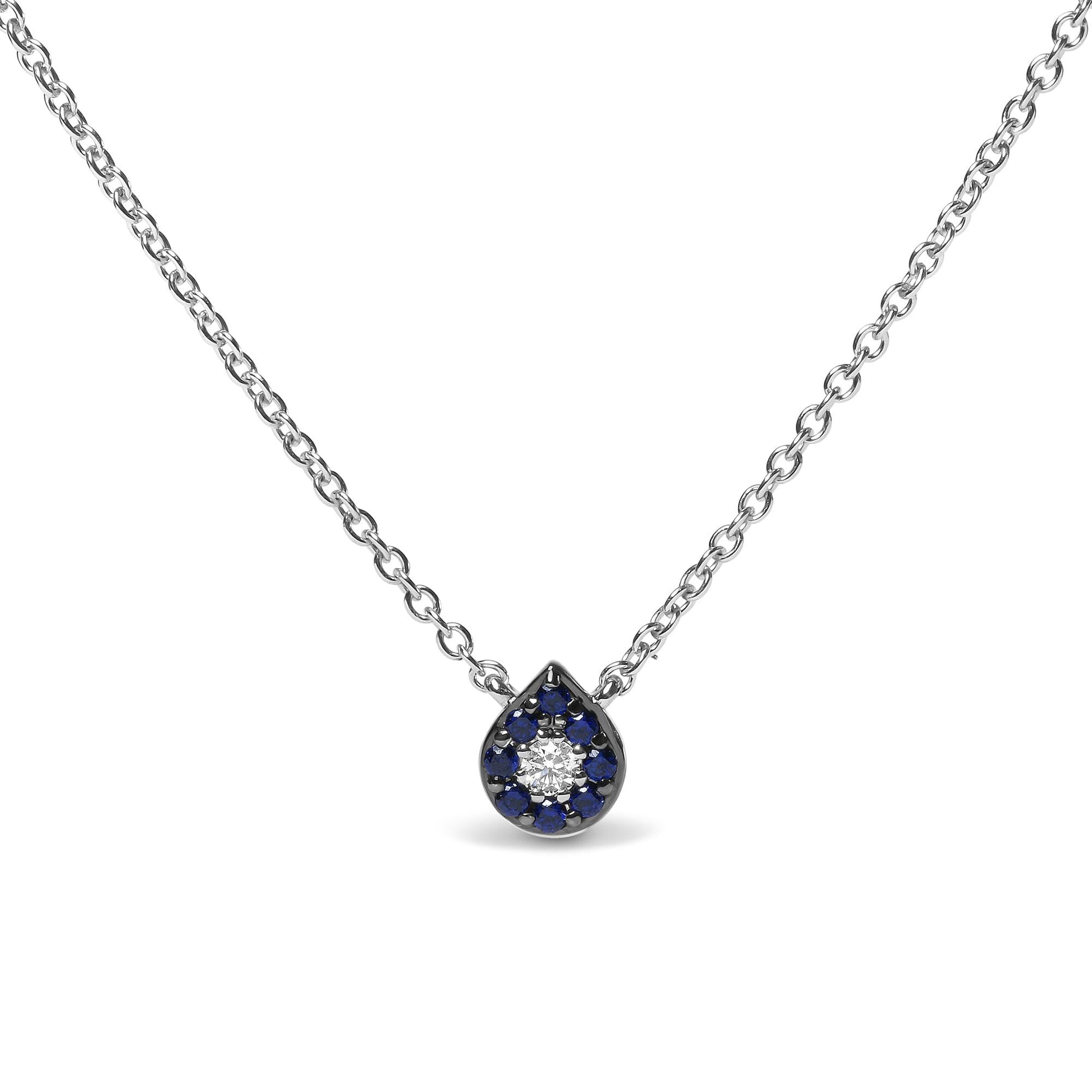 18K White Gold Diamond Accent and 1mm Round Blue Sapphire Gemstone Halo Teardrop Pendant Necklace (G-H Color, SI1-SI2 Clarity)  - Adjustable up to 15.5" - 17"-0