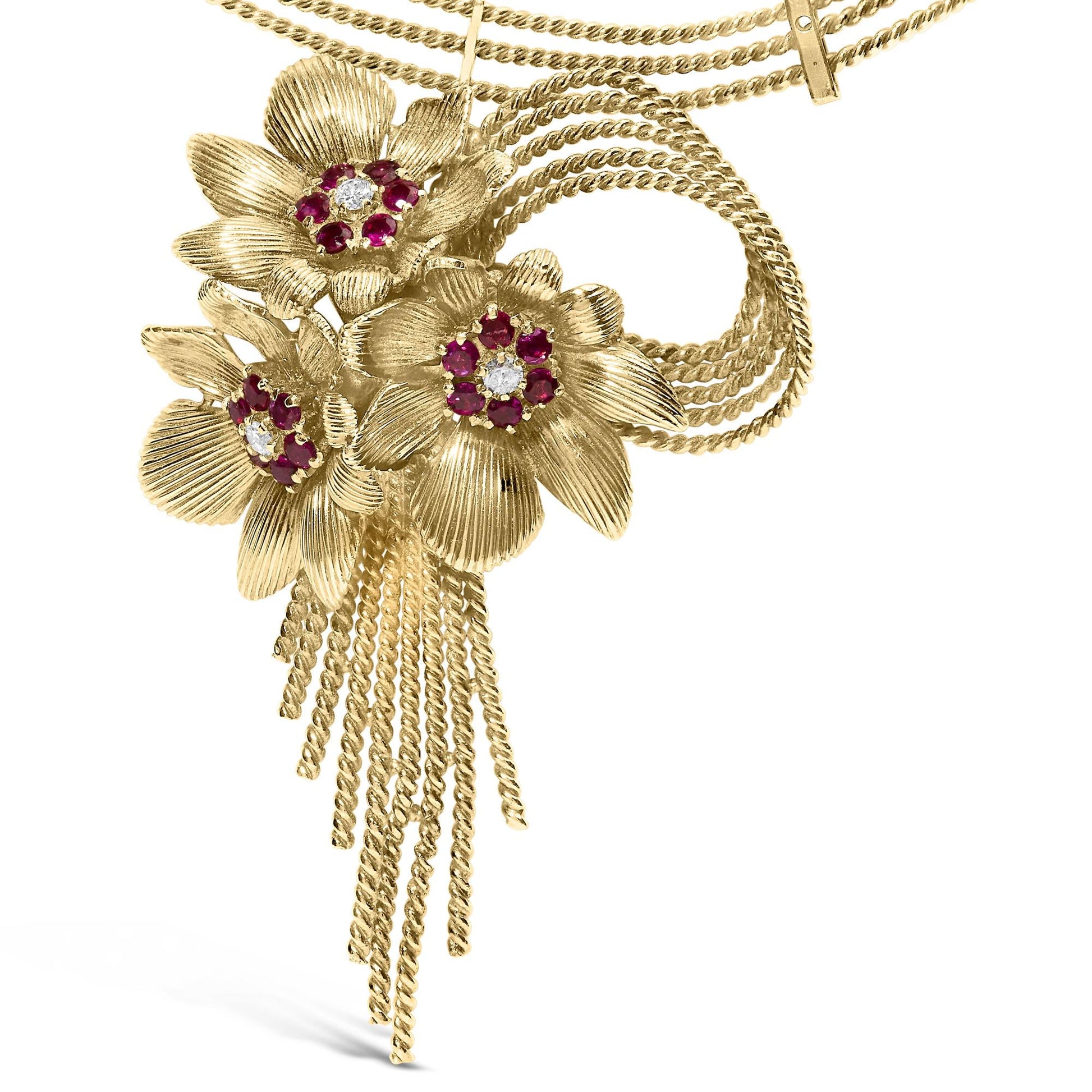 18K Yellow Gold Diamond and Red Ruby Floral Cascade Statement Necklace with 16" Inch Bead Chain (F-G Color, VS1-VS2 Clarity)-1