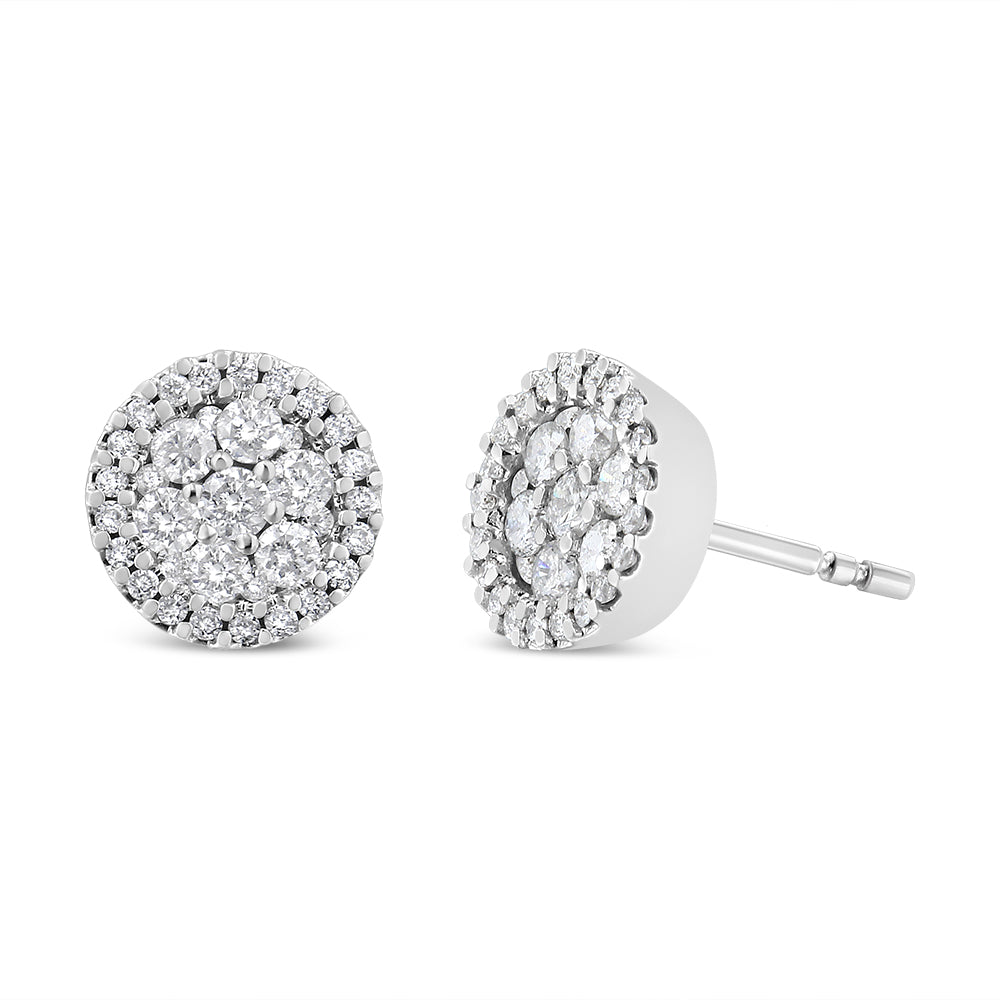 14K White Gold 1.0 Cttw Brilliant-Cut Diamond Halo-Style Cluster Round Button Stud Earrings (H-I Color, I1-I2 Clarity)-1