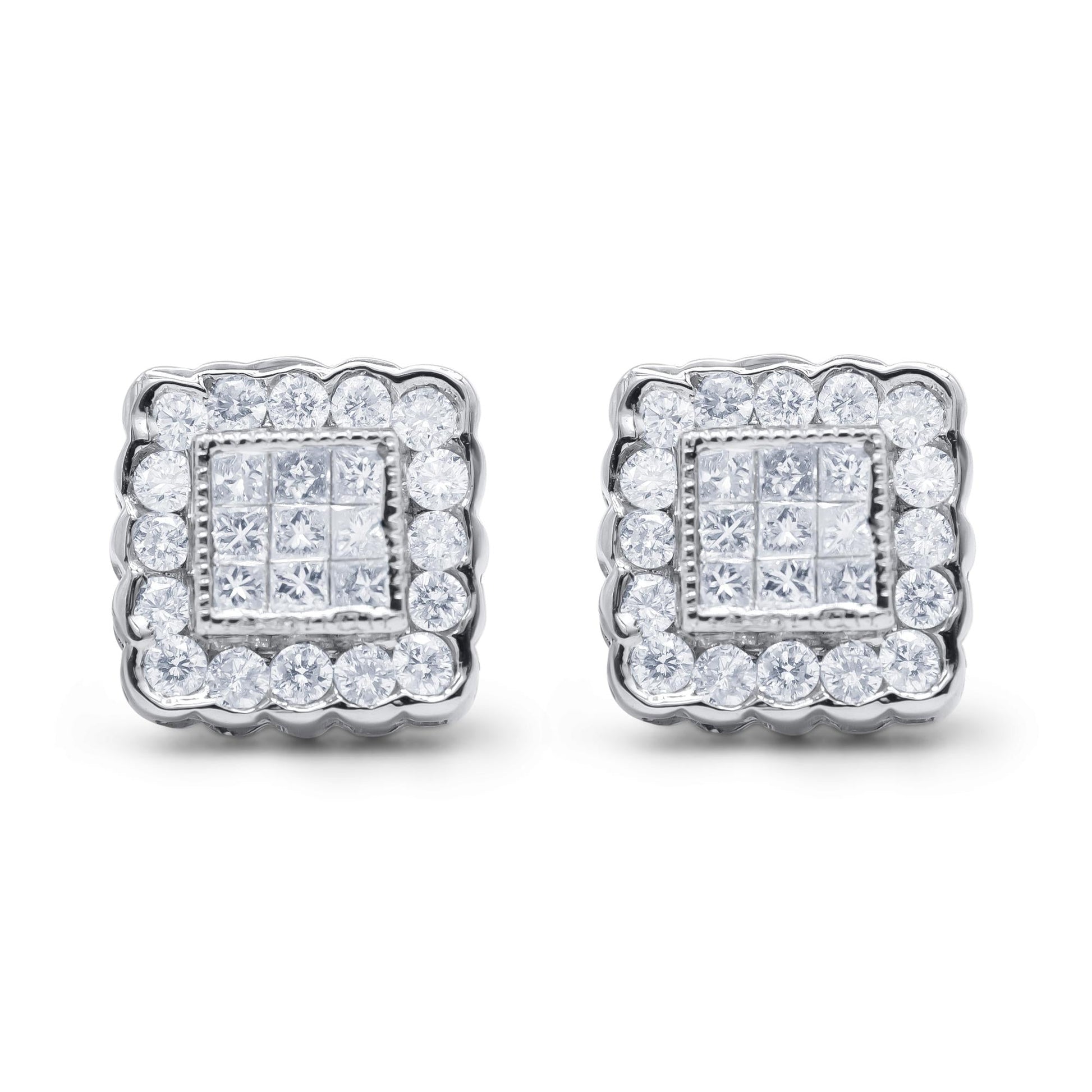 14K White Gold 1.0 Cttw Round Brilliant & Princess Cut Diamond Scallop-Edge Framed Square Halo Stud Earrings (G-H Color, SI1-SI2 Clarity)-1