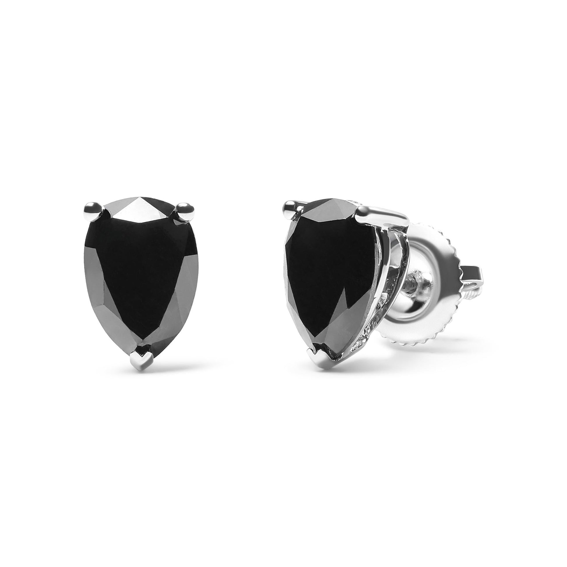 14K White Gold Treated Black Pear Shaped Solitaire Diamond 3 Prong Stud Earrings (Black Color, VS2-SI1 Clarity)-2