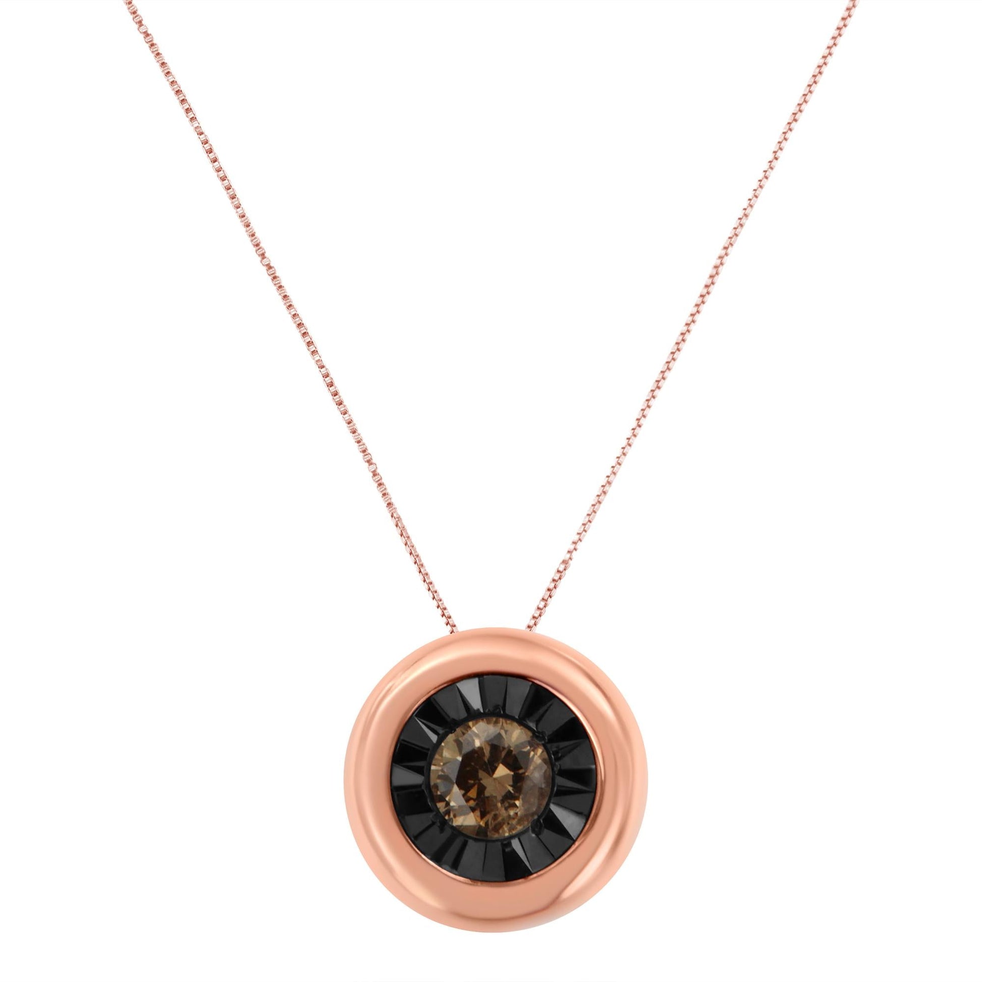 Black Rhodium over 10K Rose Gold 1/10 Carat Diamond Two Tone Round Miracle-Plate Solitaire 18” Pendant Necklace (Champagne Color, I2-I3 Clarity)-1