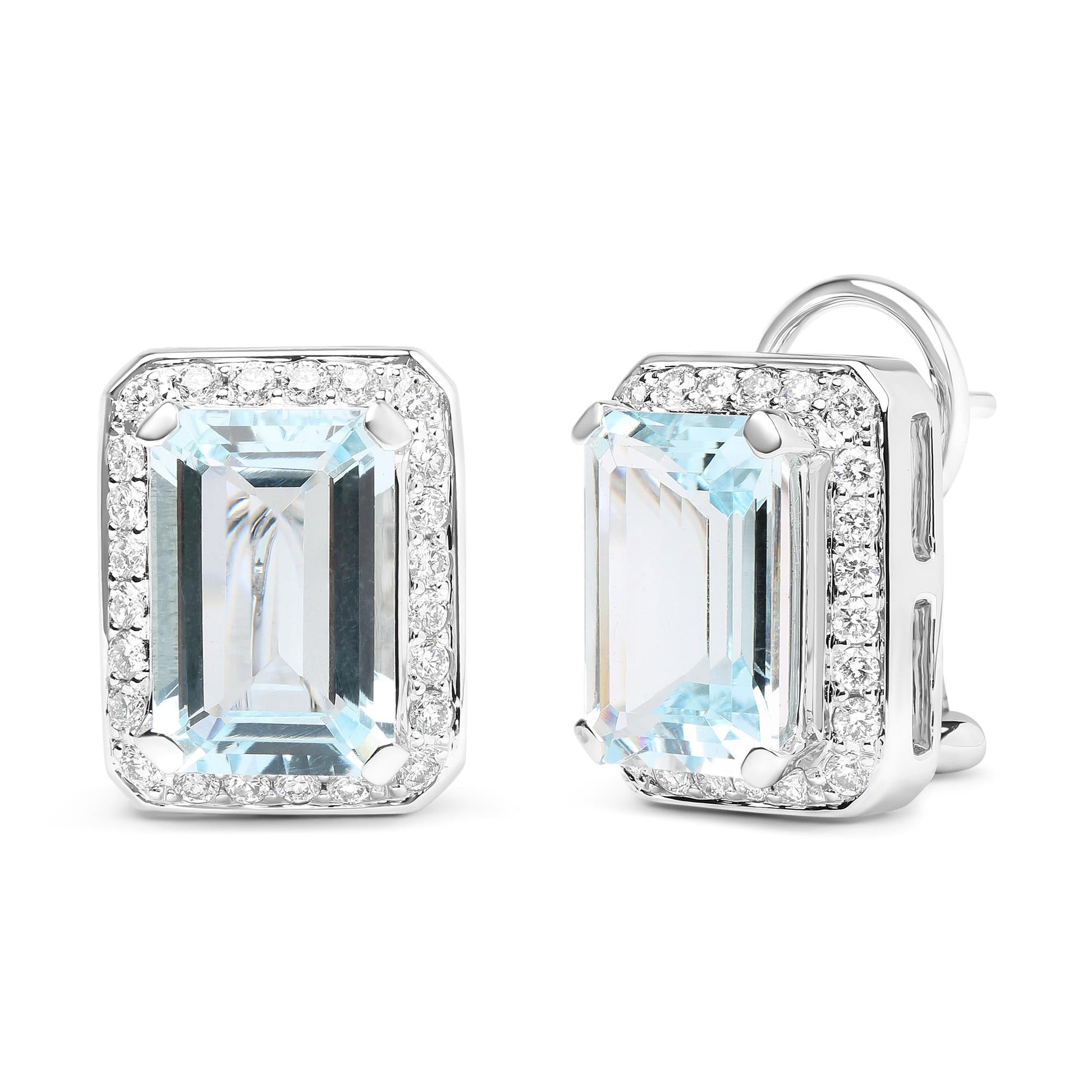 18K White Gold 3/4 Cttw Round Diamond and 13x9mm Emerald Cut Blue Aquamarine Gemstone Halo Omega Stud Earrings (G-H Color, SI1-SI2 Clarity)-1