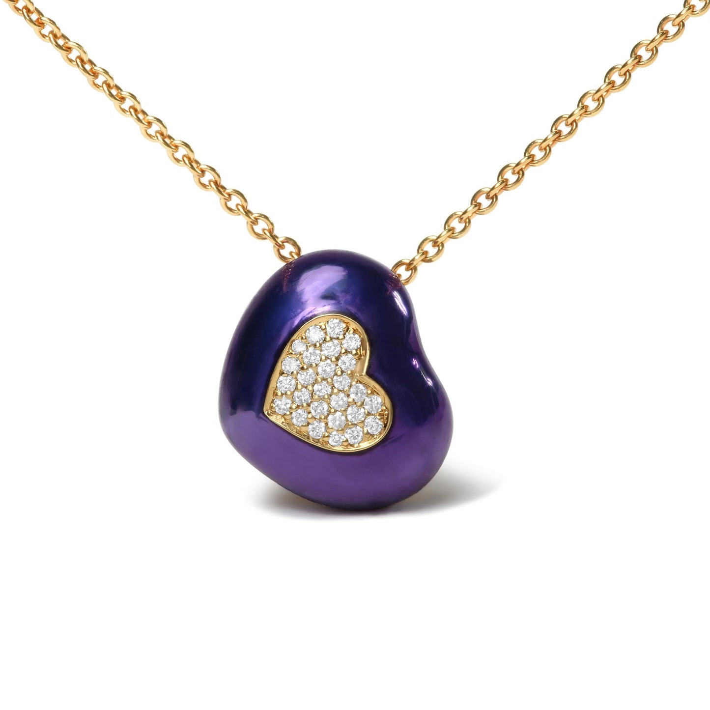 18K Yellow Gold Blue Enamel 1/10 Cttw Round Pave Diamonds Heart Shape 18" Pendant Necklace  (G-H Color, SI1-SI2 Clarity) - Adjustable up to 16" - 18"-1