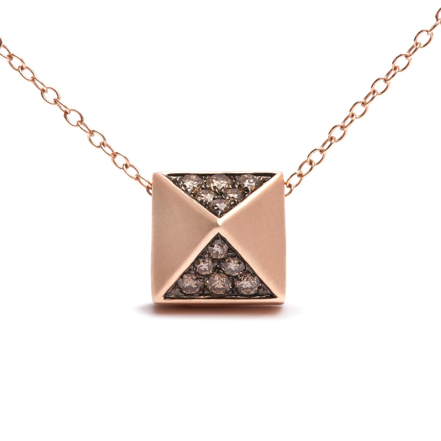 14K Rose Gold 1/4 Cttw Brown Diamond Matte Finished Pyramid Pendant Necklace (Brown Color, SI1-SI2 Clarity) - 18" Inches-1