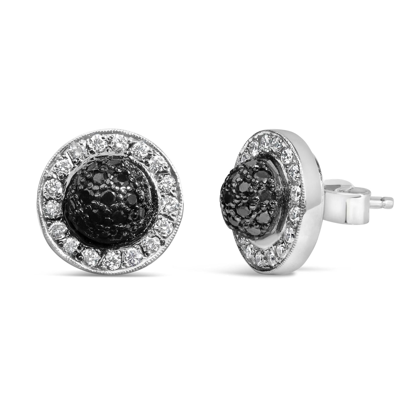 18K White Gold 3/4 Cttw Black and White Diamond Pave Set Dome and Halo Stud Earrings (F-G Color, VS1-VS2 Clarity)-1