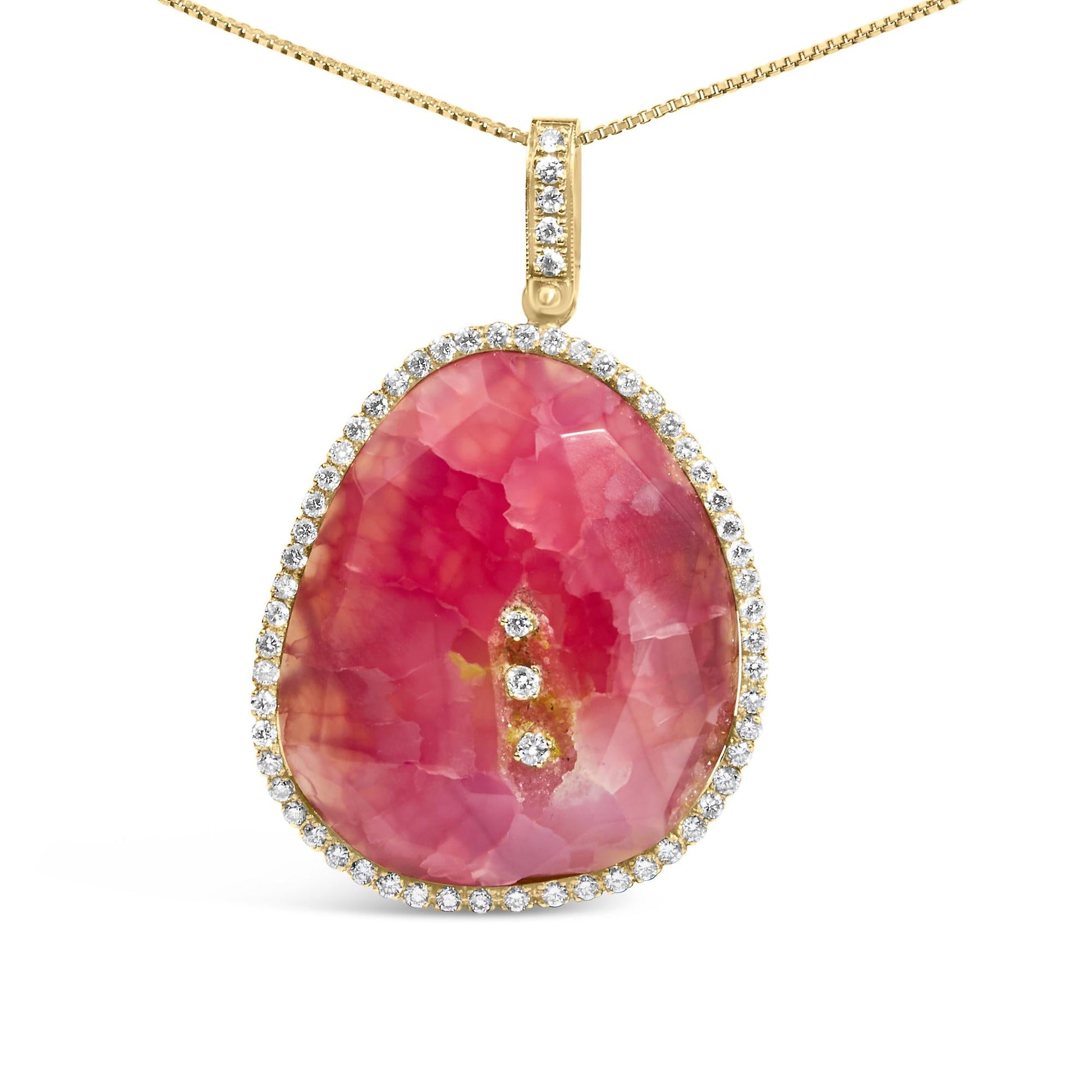 18K Yellow Gold 42.0 Cttw Pink Quartz Crystal Geode and 1.0 Cttw Diamond Halo 18" Pendant Necklace (F-G Color, VS1-VS2 Clarity)-1