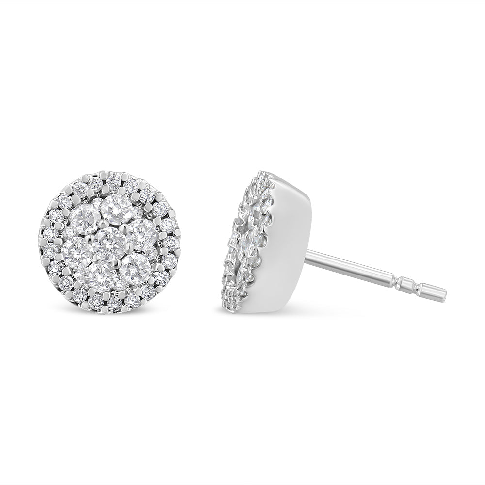 14K White Gold 1.0 Cttw Brilliant-Cut Diamond Halo-Style Cluster Round Button Stud Earrings (H-I Color, I1-I2 Clarity)-2