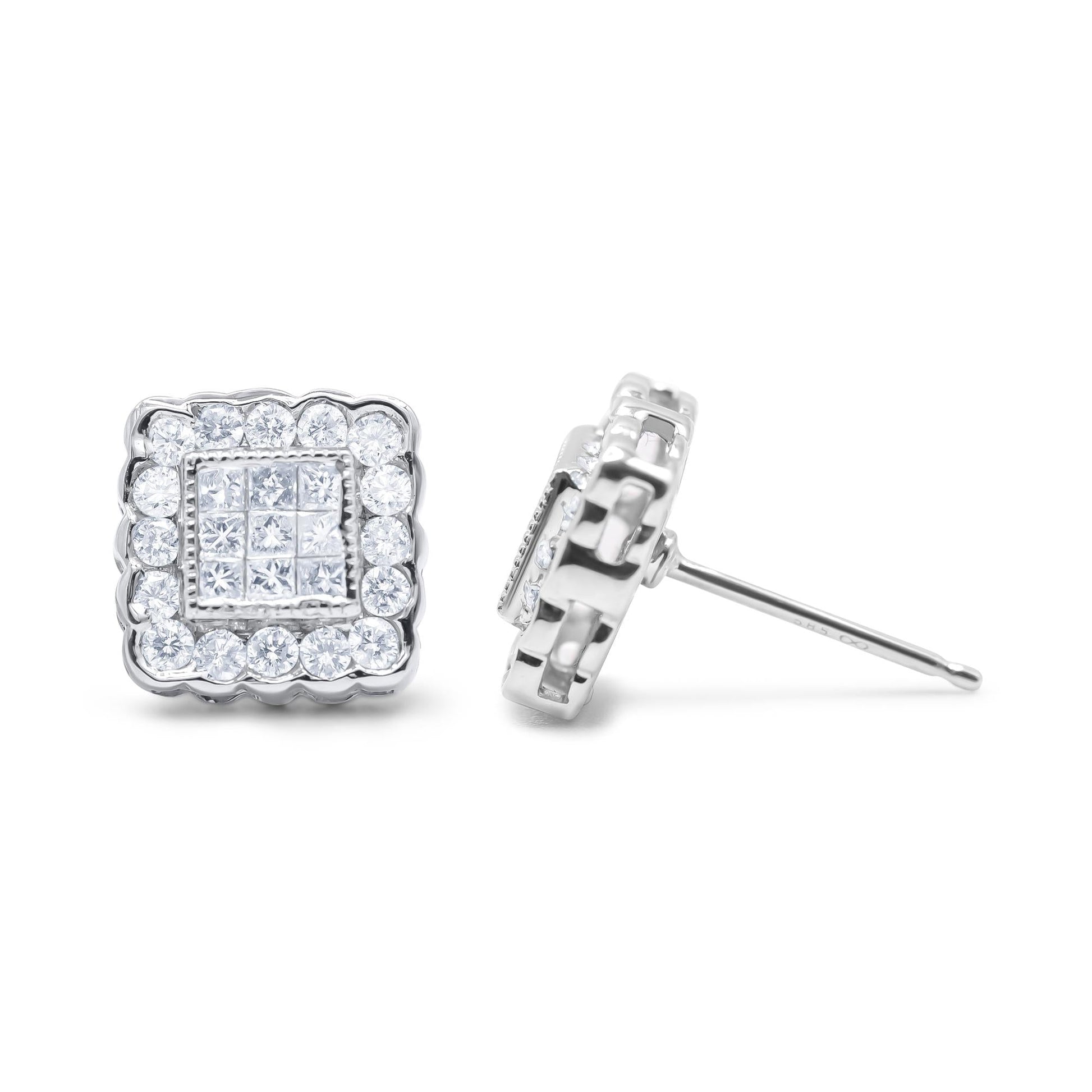 14K White Gold 1.0 Cttw Round Brilliant & Princess Cut Diamond Scallop-Edge Framed Square Halo Stud Earrings (G-H Color, SI1-SI2 Clarity)-2