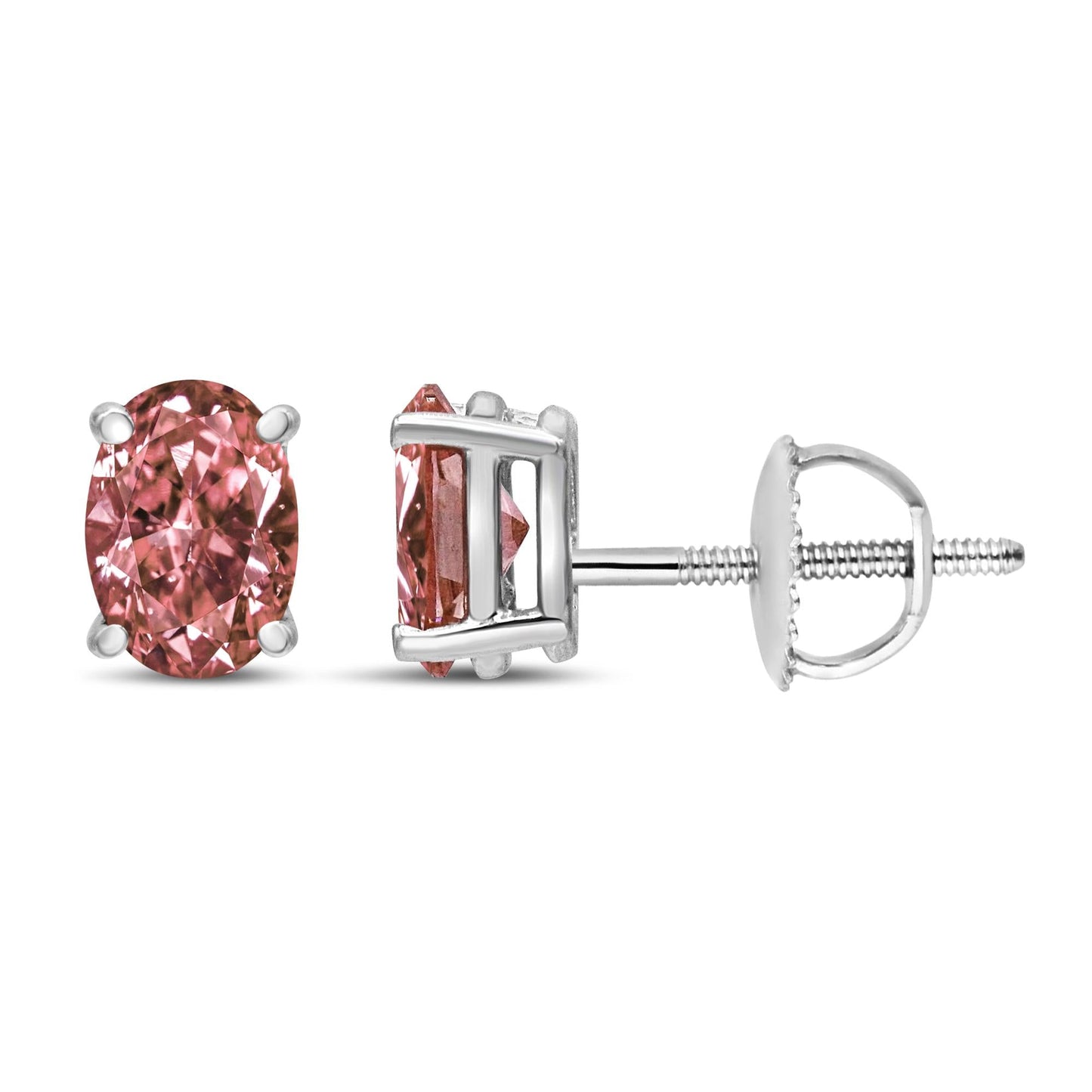 14K White Gold Lab Grown Pink Oval 4 Prong Set Classic Diamond Solitaire Stud Earrings (Pink Color, VS2-SI1 Clarity)-4