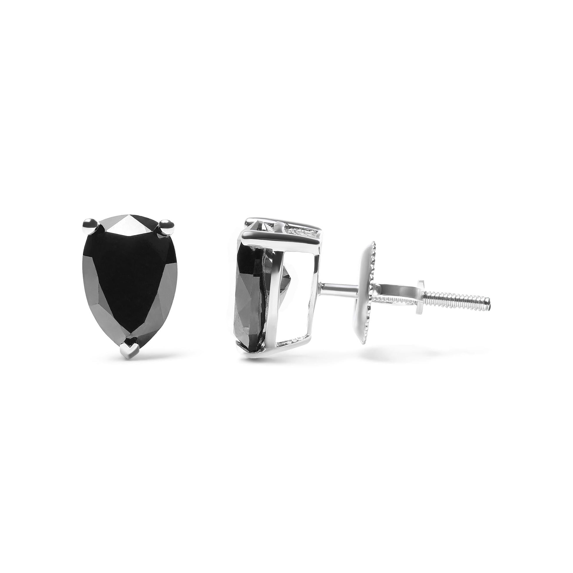 14K White Gold Treated Black Pear Shaped Solitaire Diamond 3 Prong Stud Earrings (Black Color, VS2-SI1 Clarity)-4