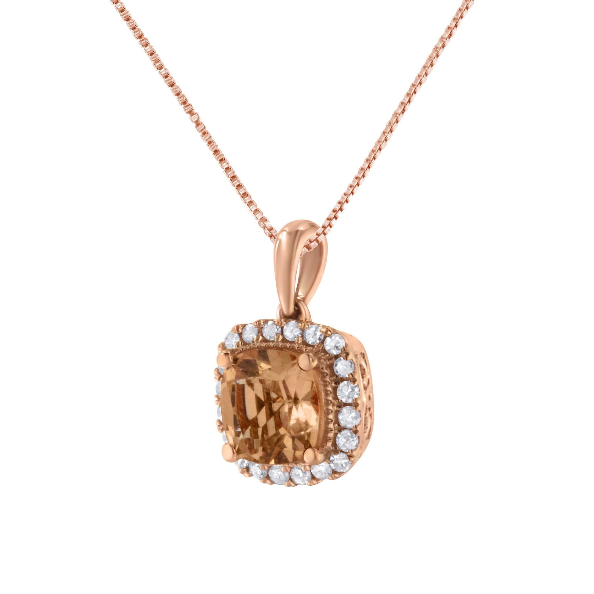 10K Rose Gold 1/4ct Diamond and 8MM Peach Morganite Gemstone Square Pendant (H-I, I1-I2)-2