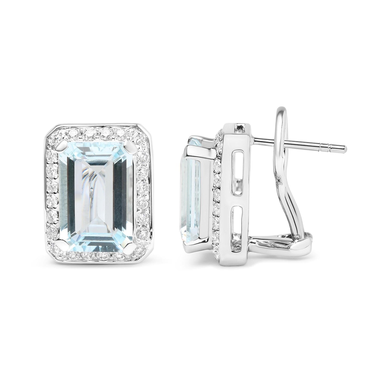 18K White Gold 3/4 Cttw Round Diamond and 13x9mm Emerald Cut Blue Aquamarine Gemstone Halo Omega Stud Earrings (G-H Color, SI1-SI2 Clarity)-2