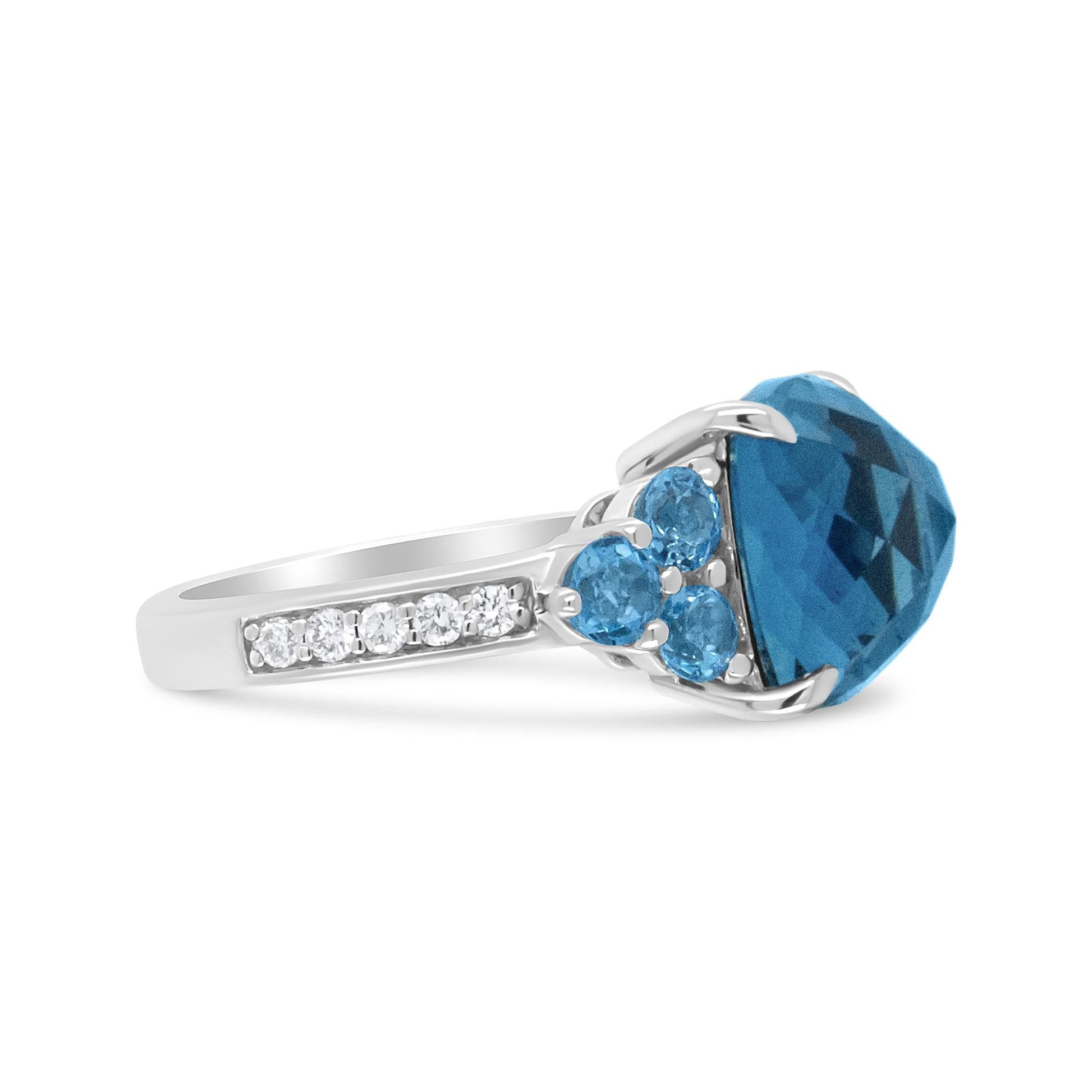 18K White Gold 10mm Cushion Shaped Blue Topaz and 1/6 Cttw Diamond 3 Stone Style Ring (F-G Color, VS1-VS2 Clarity)-2