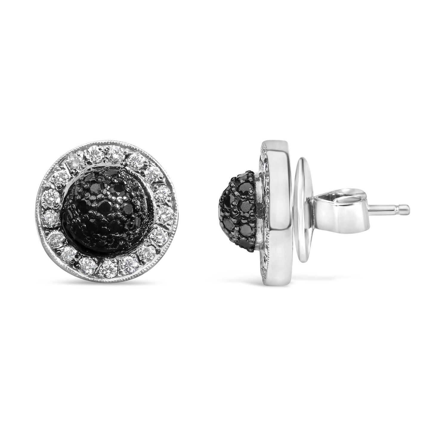 18K White Gold 3/4 Cttw Black and White Diamond Pave Set Dome and Halo Stud Earrings (F-G Color, VS1-VS2 Clarity)-2