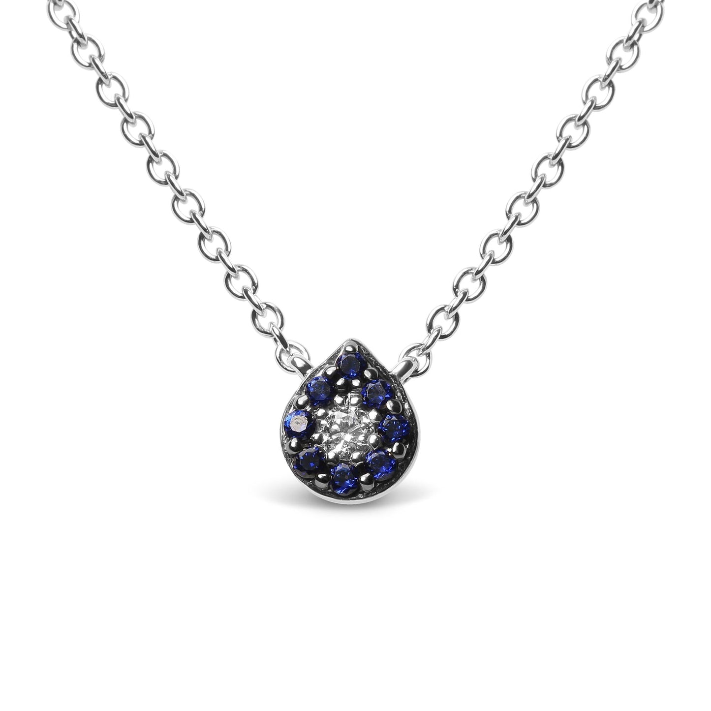 18K White Gold Diamond Accent and 1mm Round Blue Sapphire Gemstone Halo Teardrop Pendant Necklace (G-H Color, SI1-SI2 Clarity)  - Adjustable up to 15.5" - 17"-2