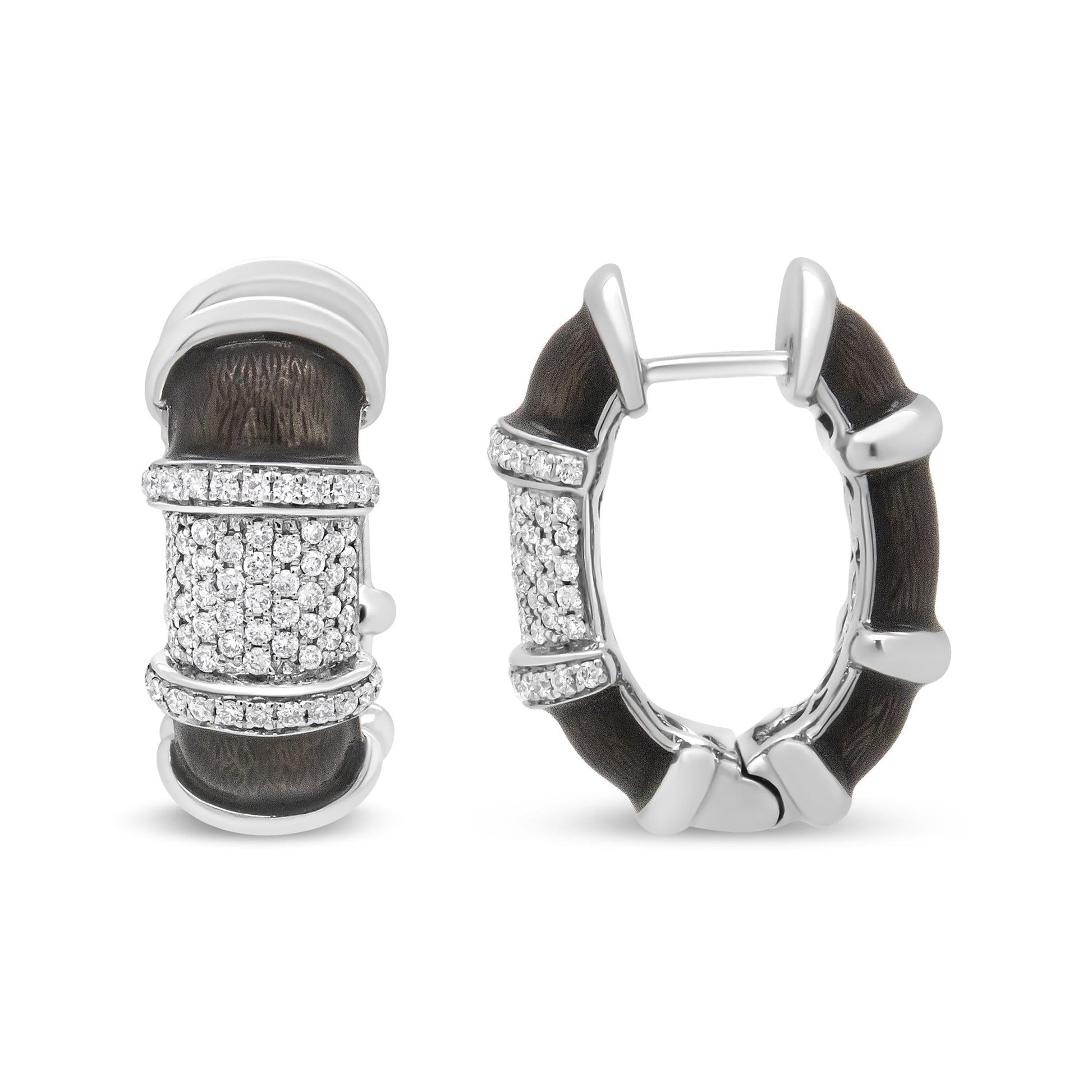 18K White Gold Flash Plated .925 Sterling Silver Clear Graphite Grey Enamel 5/8 Cttw Round Diamonds Huggie Hoop Earrings (F-G Color, VS1-VS2 Clarity)-3