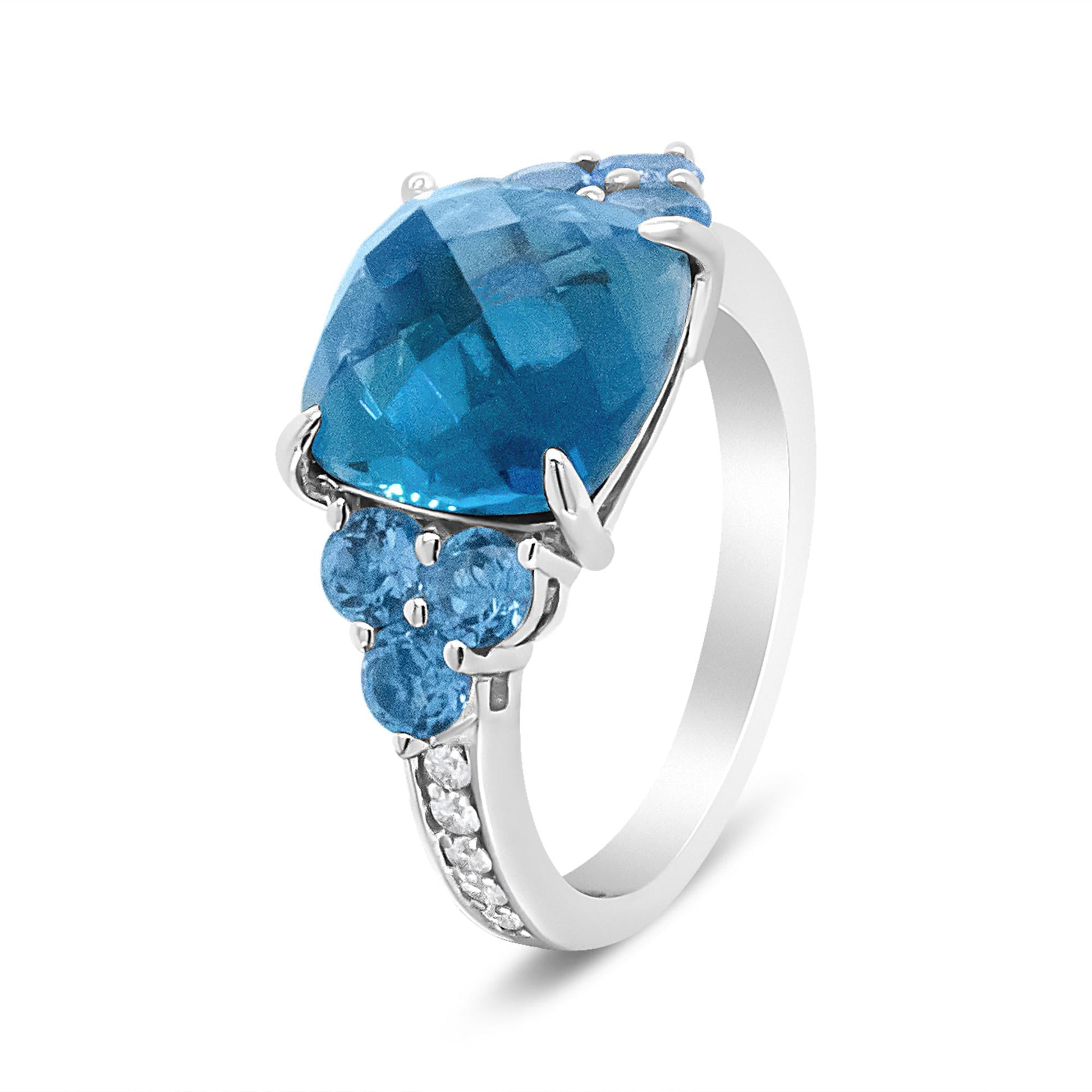 18K White Gold 10mm Cushion Shaped Blue Topaz and 1/6 Cttw Diamond 3 Stone Style Ring (F-G Color, VS1-VS2 Clarity)-3