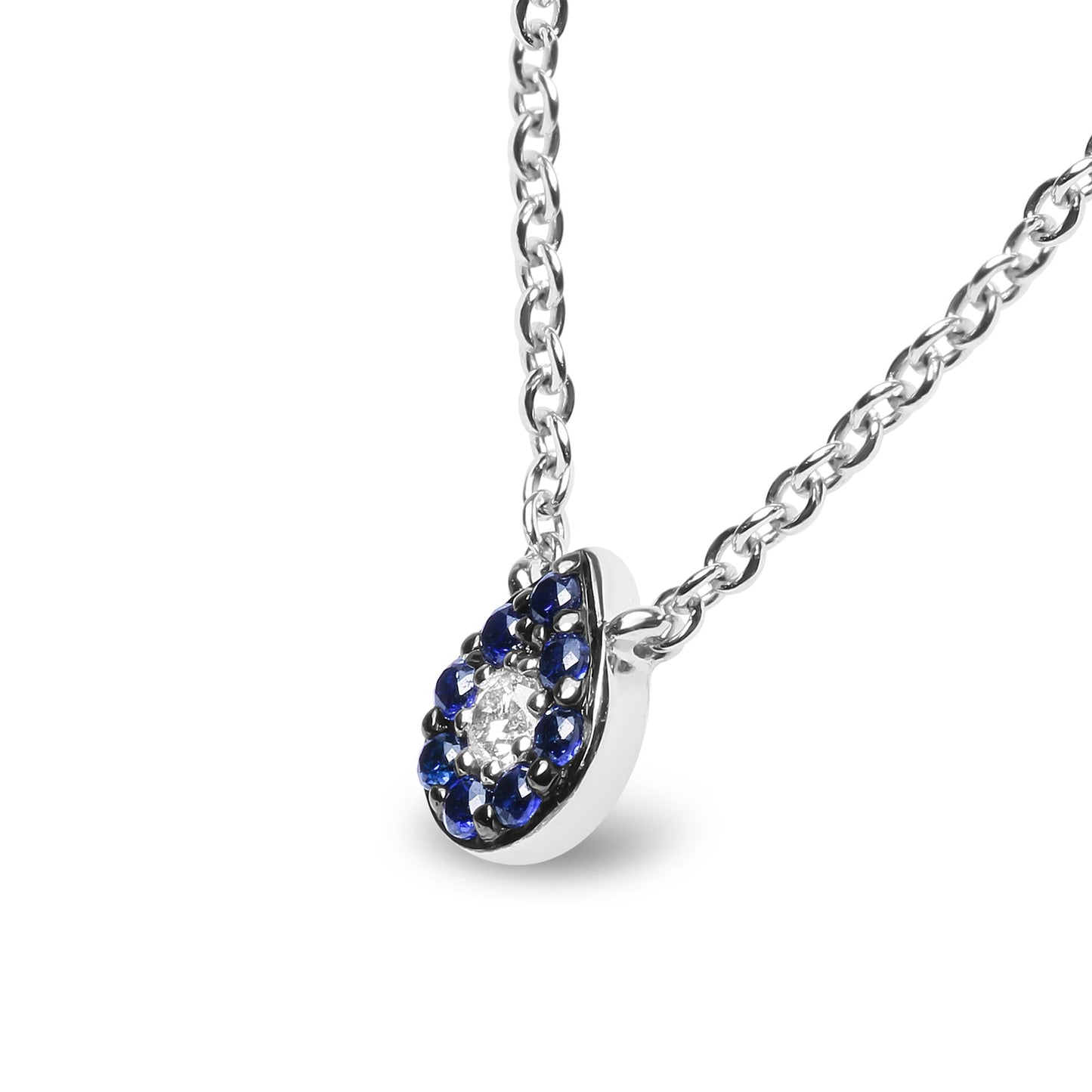 18K White Gold Diamond Accent and 1mm Round Blue Sapphire Gemstone Halo Teardrop Pendant Necklace (G-H Color, SI1-SI2 Clarity)  - Adjustable up to 15.5" - 17"-3