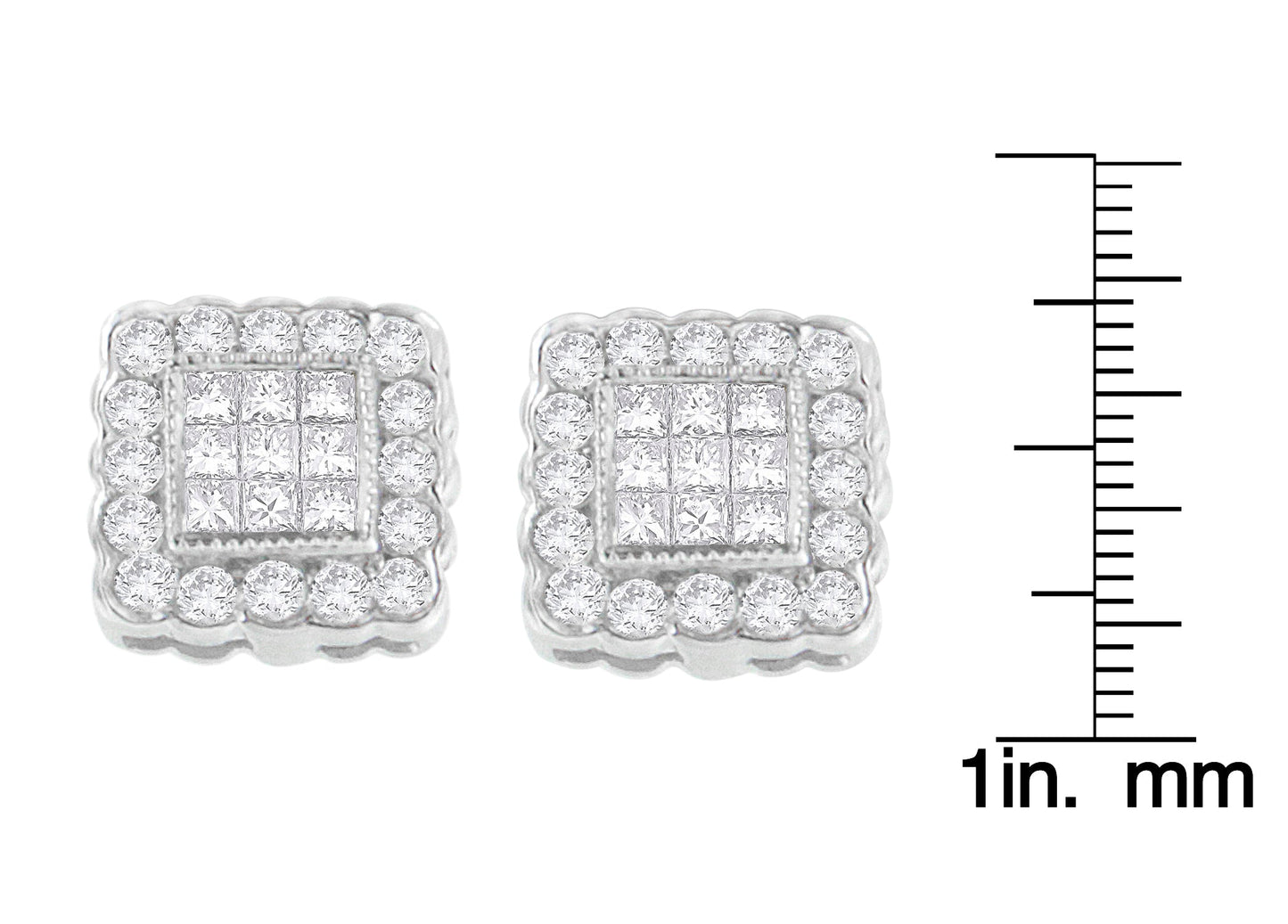 14K White Gold 1.0 Cttw Round Brilliant & Princess Cut Diamond Scallop-Edge Framed Square Halo Stud Earrings (G-H Color, SI1-SI2 Clarity)-3