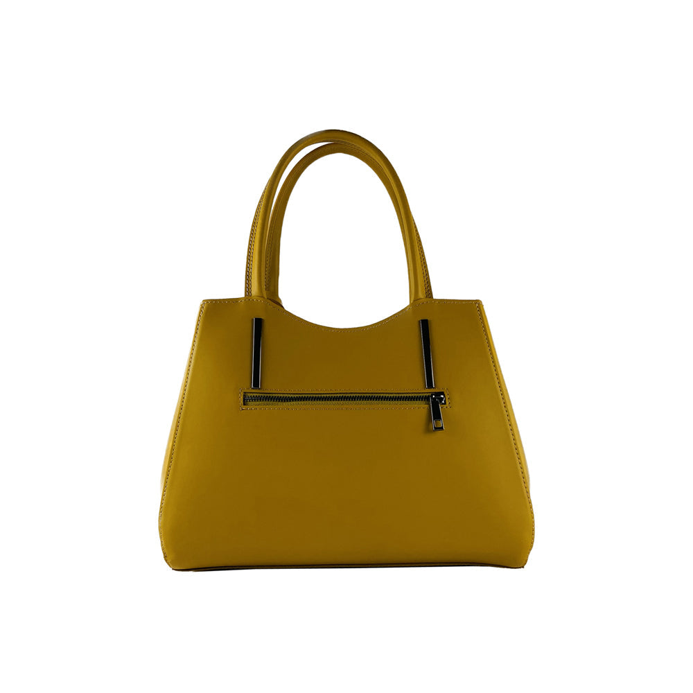 RB1004R | Genuine Leather Handbag Made in Italy with removable shoulder strap and gunmetal metal snap hook attachments - Mustard color - Dimensions: 33 x 25 x 15 cm + Handles 13 cm-1