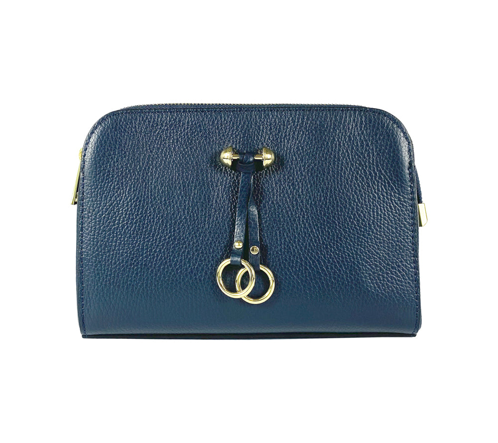 RB1011D | Women's shoulder bag in genuine leather Made in Italy. Removable shoulder strap. Attachments with shiny gold metal snap hooks - Blue color - Dimensions: 25 x 17 x 10 cm-1