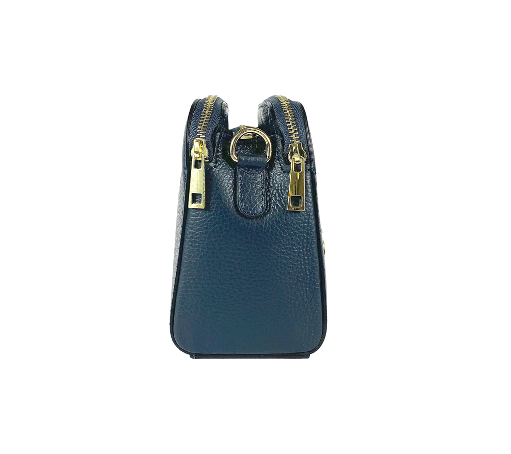 RB1011D | Women's shoulder bag in genuine leather Made in Italy. Removable shoulder strap. Attachments with shiny gold metal snap hooks - Blue color - Dimensions: 25 x 17 x 10 cm-2