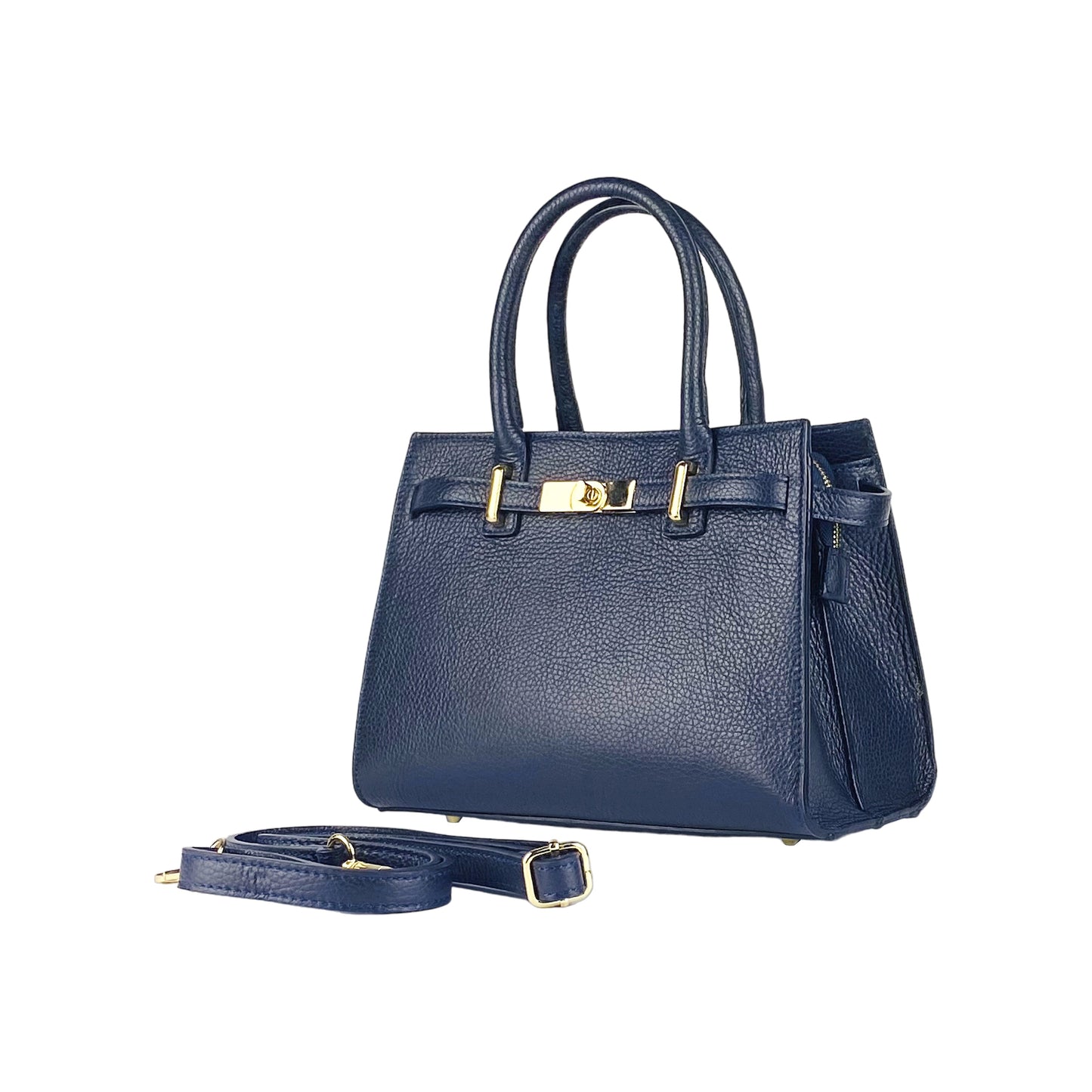 RB1016D | Borsa Donna a Mano in Vera Pelle Made in Italy con tracolla removibile. Attacchi con moschettoni in metallo Oro Lucido - Colore Blu - Dimensioni: cm 28 x 20 x 14 + 12,5-0