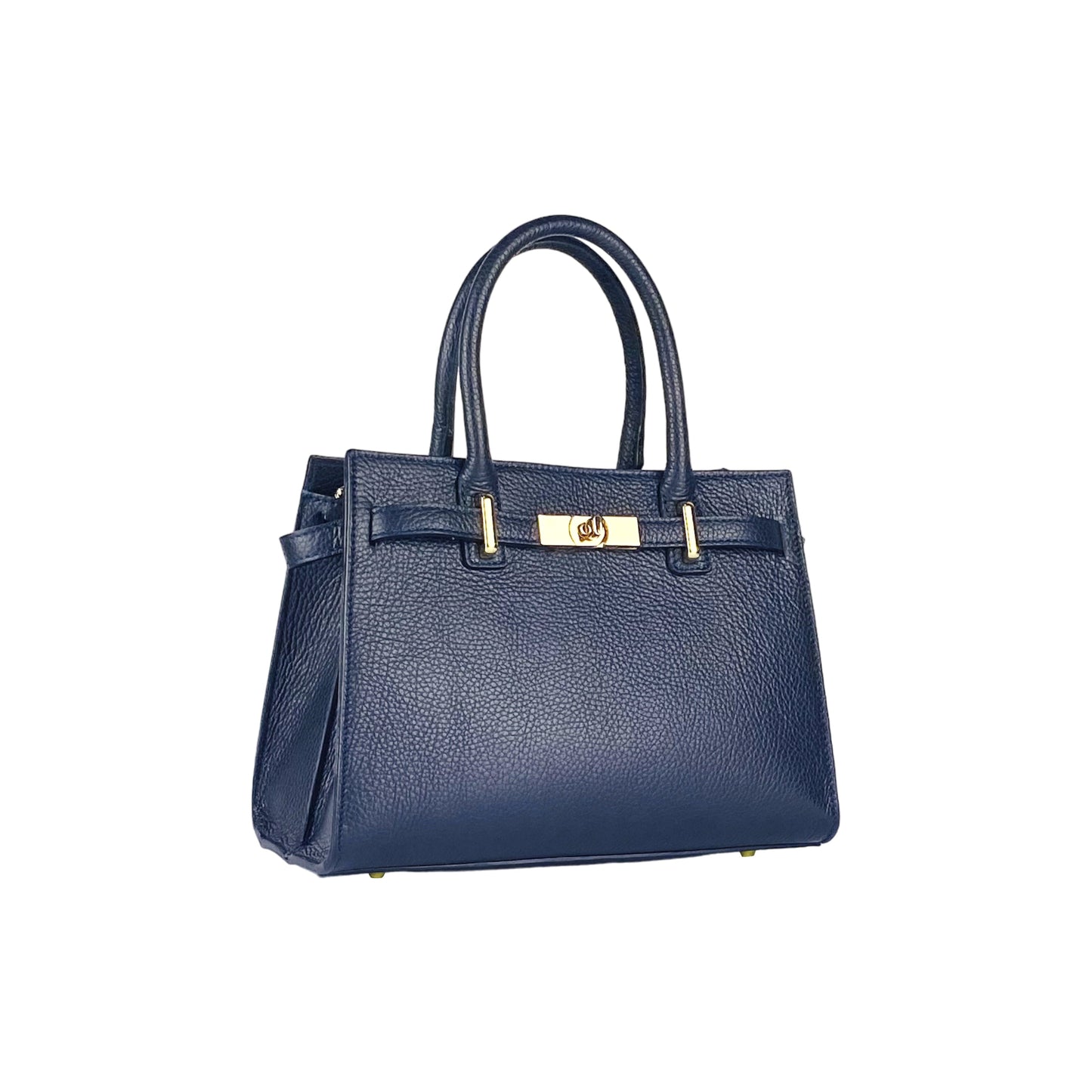 RB1016D | Borsa Donna a Mano in Vera Pelle Made in Italy con tracolla removibile. Attacchi con moschettoni in metallo Oro Lucido - Colore Blu - Dimensioni: cm 28 x 20 x 14 + 12,5-1