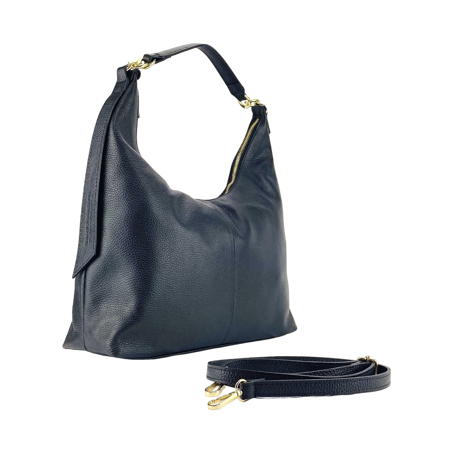 RB1017A | Borsa Donna a spalla Morbida in Vera Pelle Made in Italy con manico singolo e tracolla removibile. Attacchi con moschettoni in metallo Oro Lucido - Colore Nero - Dimensioni: cm 36 x 40 x 13-0