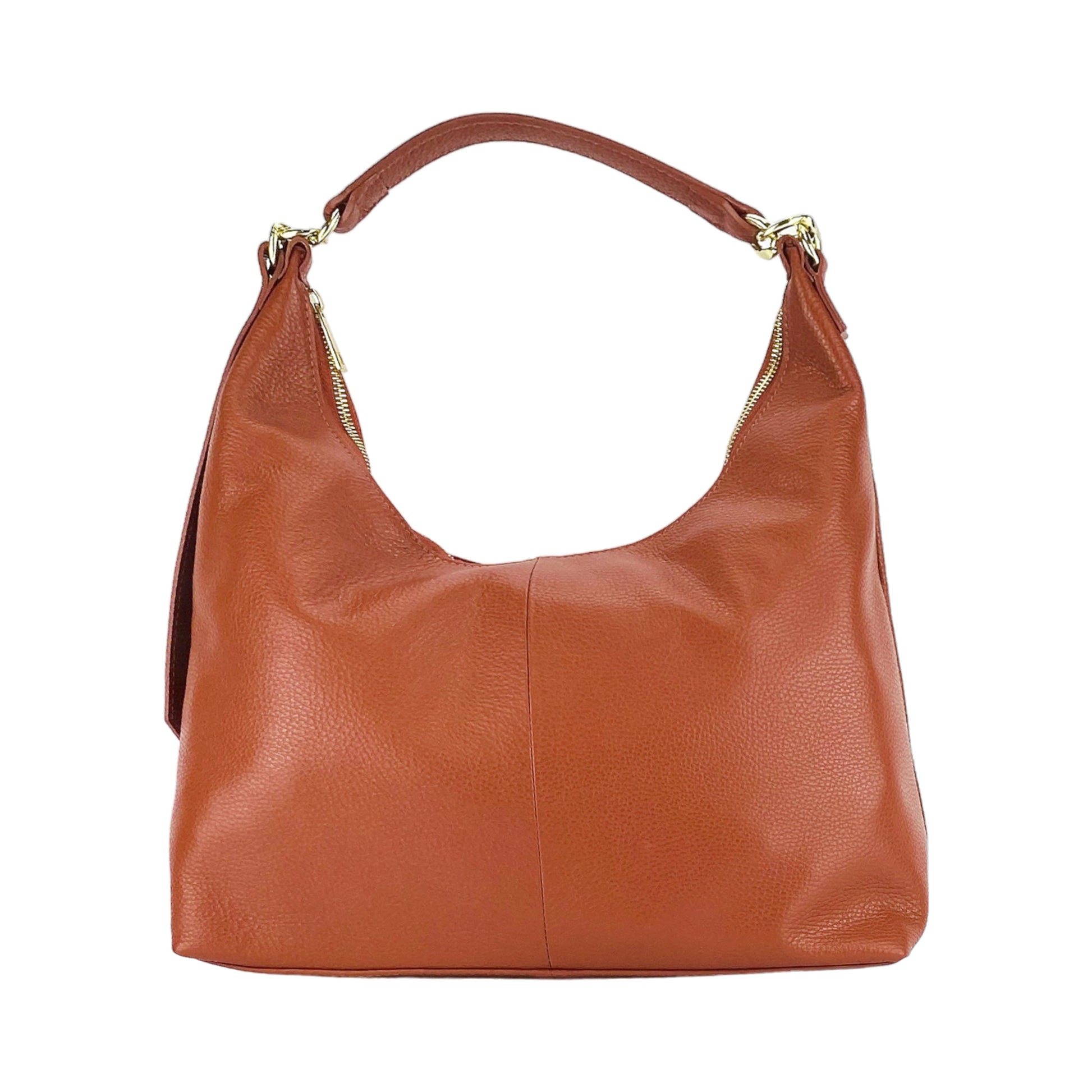 RB1017AM | Women's Soft Shoulder Bag in Genuine Leather Made in Italy with single handle and removable shoulder strap. Attachments with shiny gold metal snap hooks - Paprika color - Dimensions: cm 36 x 40 x 13-1