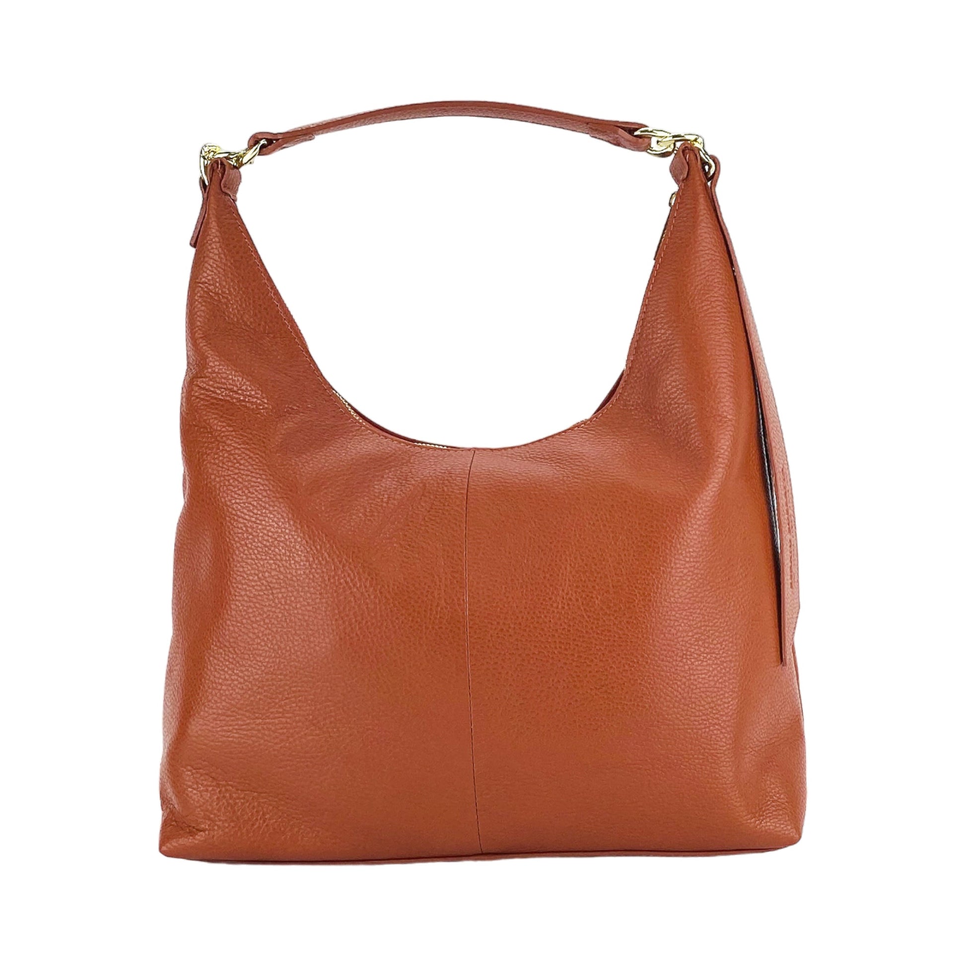 RB1017AM | Women's Soft Shoulder Bag in Genuine Leather Made in Italy with single handle and removable shoulder strap. Attachments with shiny gold metal snap hooks - Paprika color - Dimensions: cm 36 x 40 x 13-2