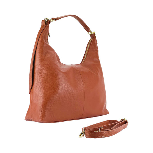 RB1017AM | Women's Soft Shoulder Bag in Genuine Leather Made in Italy with single handle and removable shoulder strap. Attachments with shiny gold metal snap hooks - Paprika color - Dimensions: cm 36 x 40 x 13-0