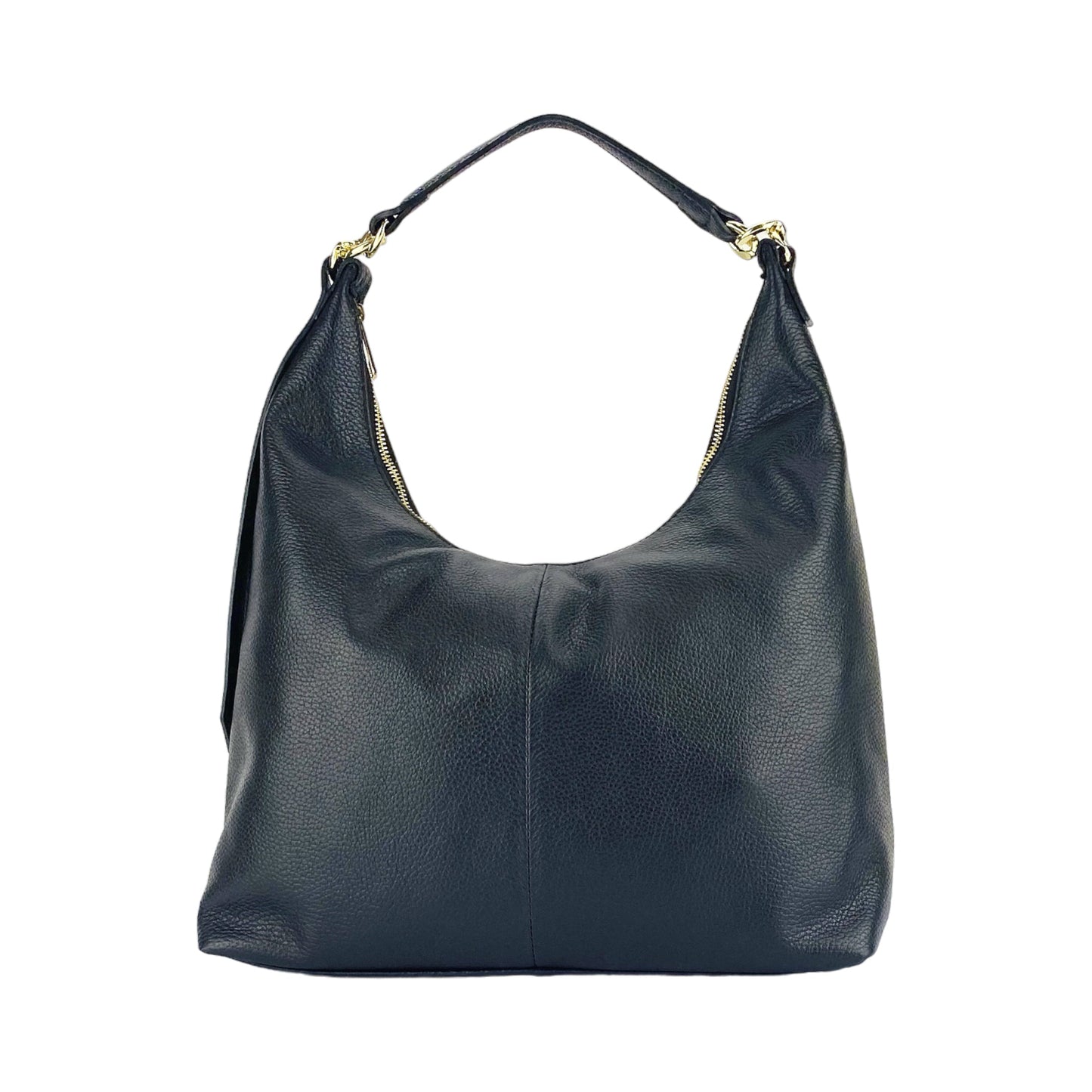 RB1017A | Borsa Donna a spalla Morbida in Vera Pelle Made in Italy con manico singolo e tracolla removibile. Attacchi con moschettoni in metallo Oro Lucido - Colore Nero - Dimensioni: cm 36 x 40 x 13-1